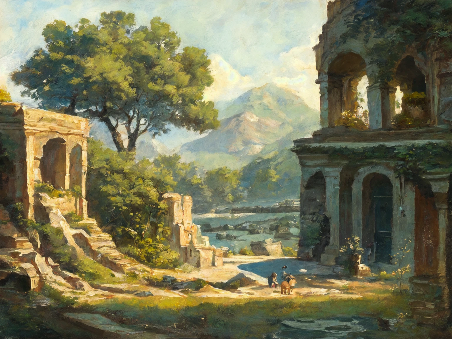 oil painting, traditional medium, score_9, score_8_up, score_7_up, rating_safe, landscape, ancient ruins, canvas texture