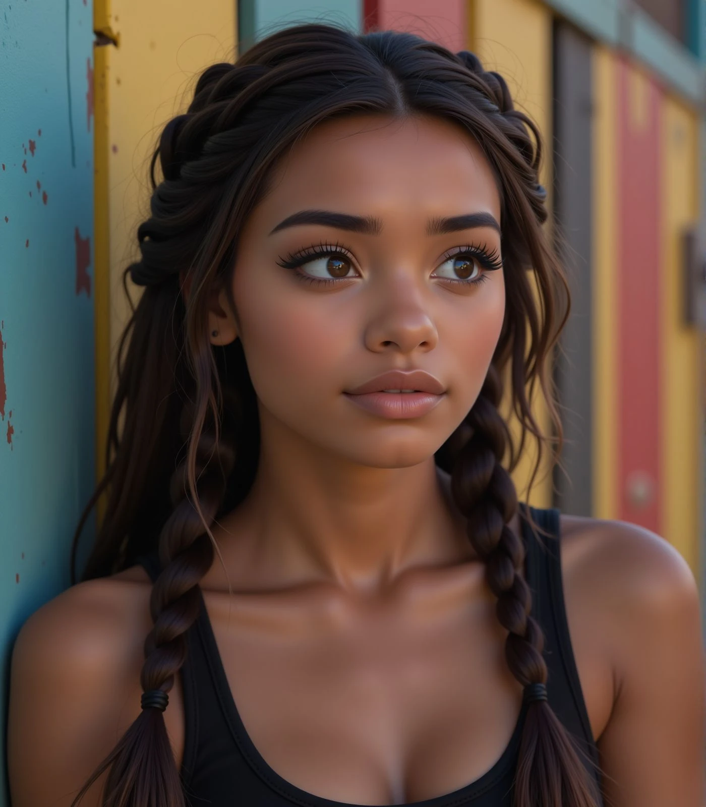 sharp image, 4k, young woman face, close up, multicolored wall on background, black eyeliner, eyeshadows, long eyelashes, looking away, black tank top,, <lora:Woomy 14 Flux:0.9> dark skin, ebony, brown eyes, brown hair, long hair, braid twintails,