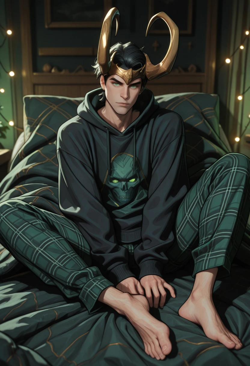 very awa, masterpiece, best quality, absurdres, newest, perfect quality, detailed background, intricate details
<lora:ILMRL0k1:1.0>
MRL0k1, 1boy, male focus, headpiece, crown, horns, green eyes, short hair, black hair, looking at viewer, 1boy, male focus, solo, oversized hoodie, plaid pajama pants, barefoot, BREAK cozy living room, blanket fort, fairy lights, BREAK cinematic, lying pose, soft warm tones, ultra detailed