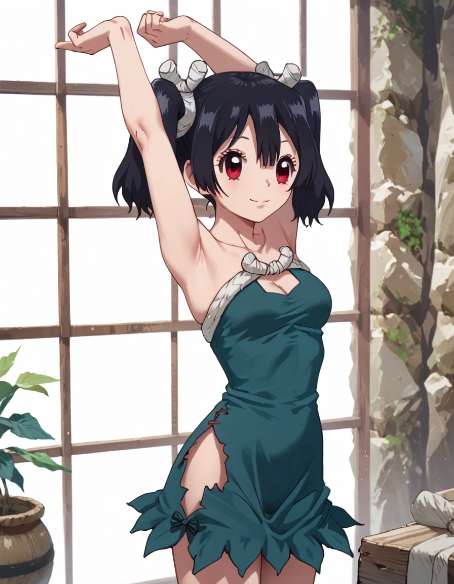 score_9, score_8_up, score_7_up, DrStone_Ruby, standing, stretching arms upward, soft smile