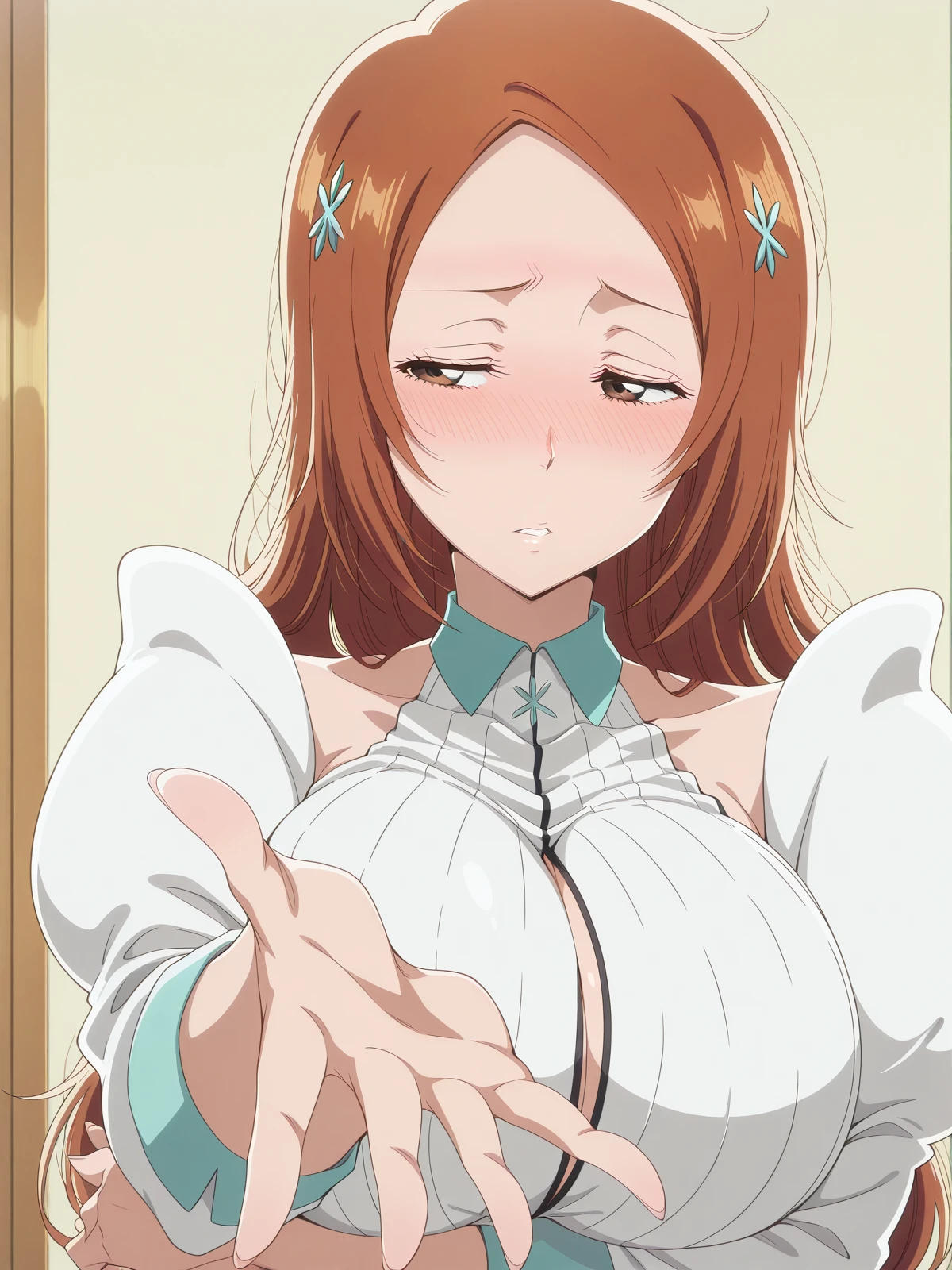 masterpiece, best quality, amazing quality,, <lora:inoue-orihime-tybw-illustriousxl-lora-nochekaiser:1>, inoue orihime, long hair, large breasts, orange hair, hair ornament, brown eyes, mature female, large breasts, anime screencap, <lora:will-you-take-her-hand-illustriousxl-lora-nochekaiser:1>, will you take her hand, solo, blush, upper body, looking to the side, reaching, reaching towards viewer, arm under breasts, half-closed eyes, foreshortening, parted lips, nose blush, embarrassed,, , ,