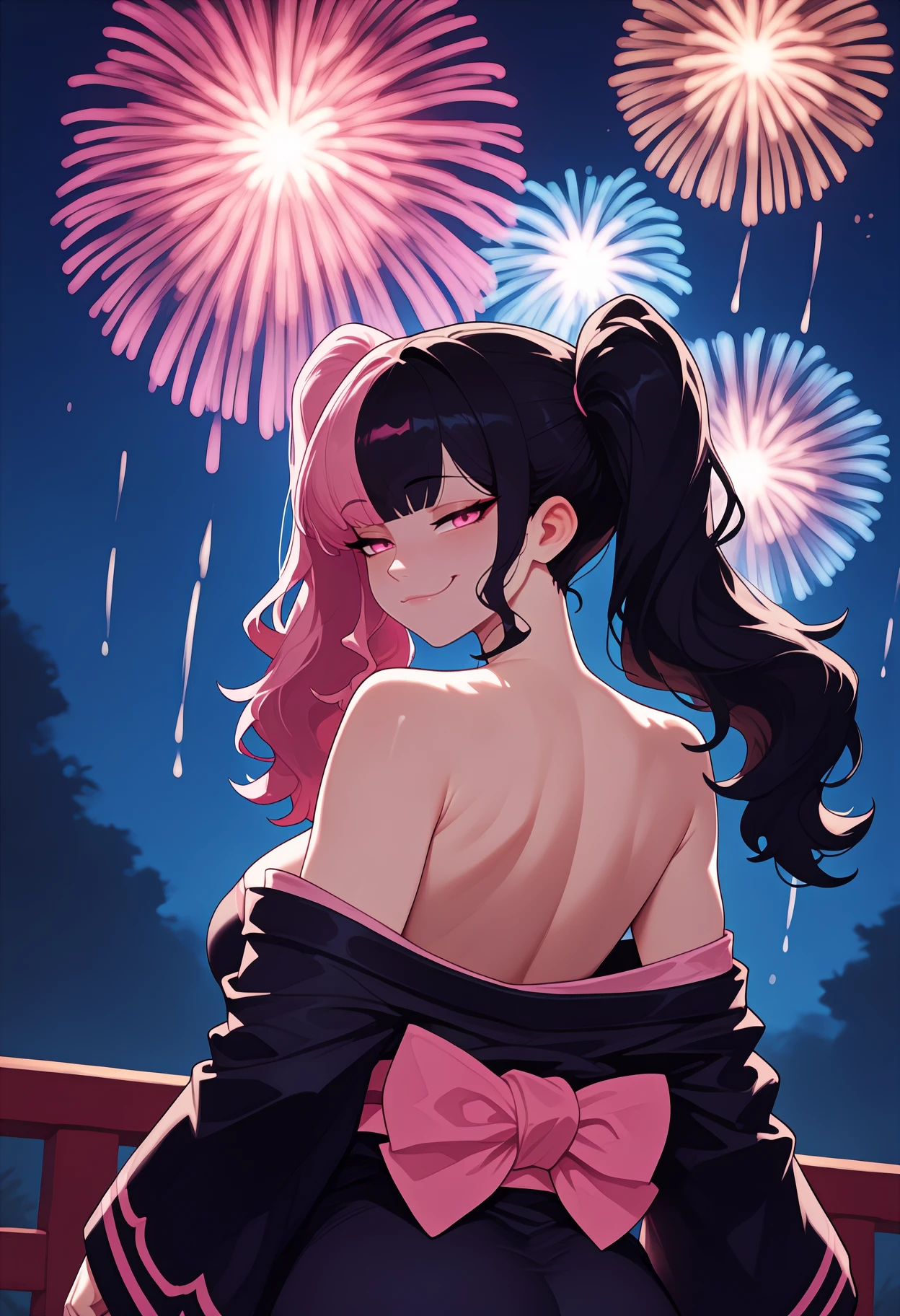 newest, , solo, 1girl, smug, looking back, looking at viewer, arms at sides, long hair, split-color hair, black hair, pink hair, twintails, pink eyes, japanese clothes, black kimono, off shoulder, kimono pull, long sleeves, pink sash,  shoulders, outdoors, night, fireworks
<segment:yolo-Anzhc Face seg 640 v3 y11n.pt,0.5,0.5//cid=11>