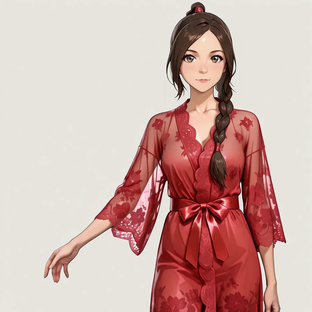 <lora:TyLee_illustrious_v2:1>TyLee, 1girl, braid, brown hair, long hair,  brown eyes, cowboy shot,  <lora:IL_Floral_mesh_Robe_see-through:0.7> floral mesh robe, long sleeves, see-through, satin bow belt