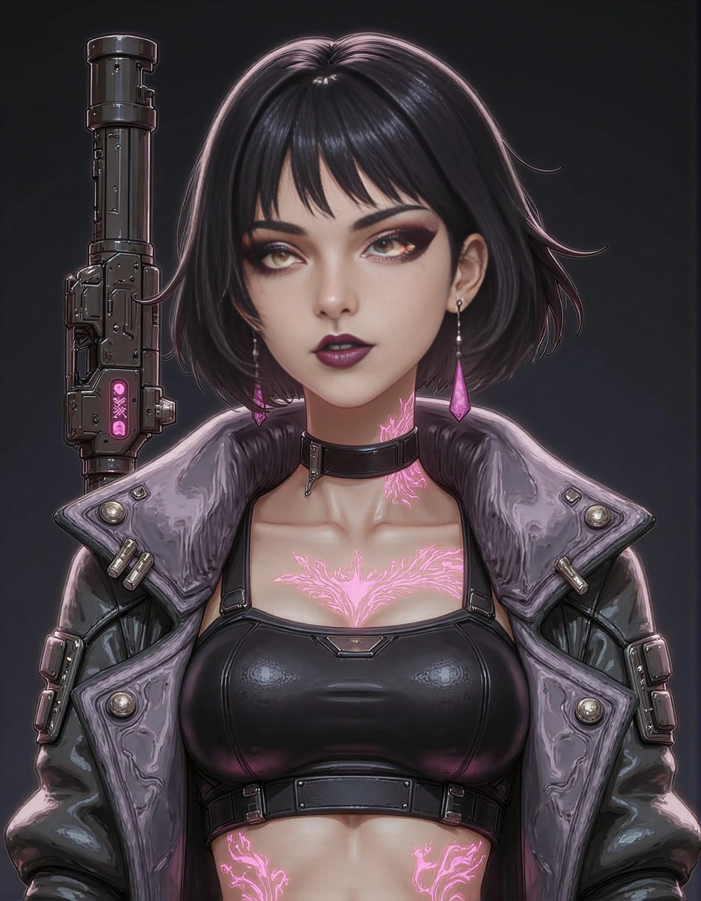 Vex a woman with tattoos on her body and piercings on her face, set against a dark background. <lora:bl4vex:1> vex borderlands,
holding a gun in her hand. She is wearing a cyberpunk-style outfit with a black and white color scheme, and her hair is styled in a sleek bob. She has a determined expression on her face, as if she is ready to take on any challenge.
realistic