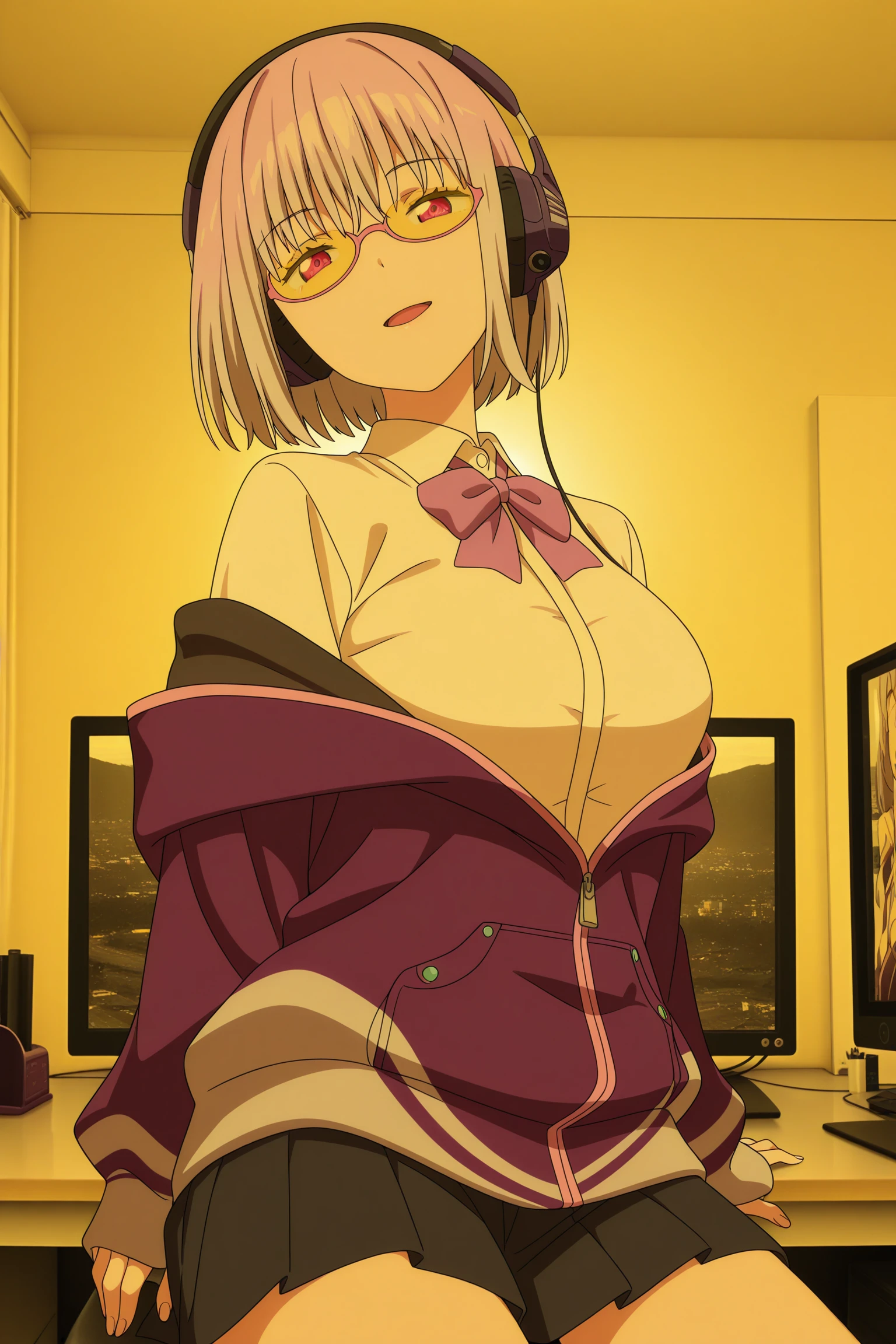 masterpiece, best quality, amazing quality, highres, absurdres, very aesthetic, high resolution, ultra detailed, perfect details, 1girl, solo, indoors, desk, office chair, monitor, (photo background:1.5), shinjo akane, short hair, purple hair, wispy bangs, purple eyes, pink-framed eyewear, yellow-tinted eyewear, under-rim eyewear, broken eyewear, sleeves past wrists, purple jacket, hooded jacket, hood down, jacket partially removed, white shirt, collared shirt, purple bowtie, black skirt, pleated skirt, headphones  <lora:Akane_Shinjo_ILXL:0.8>, aged up, (cowboy shot), looking at viewer, (anime coloring:1.2), sitting, pose, seductive smile, half-closed eyes, open mouth, (yellow theme:1.1)