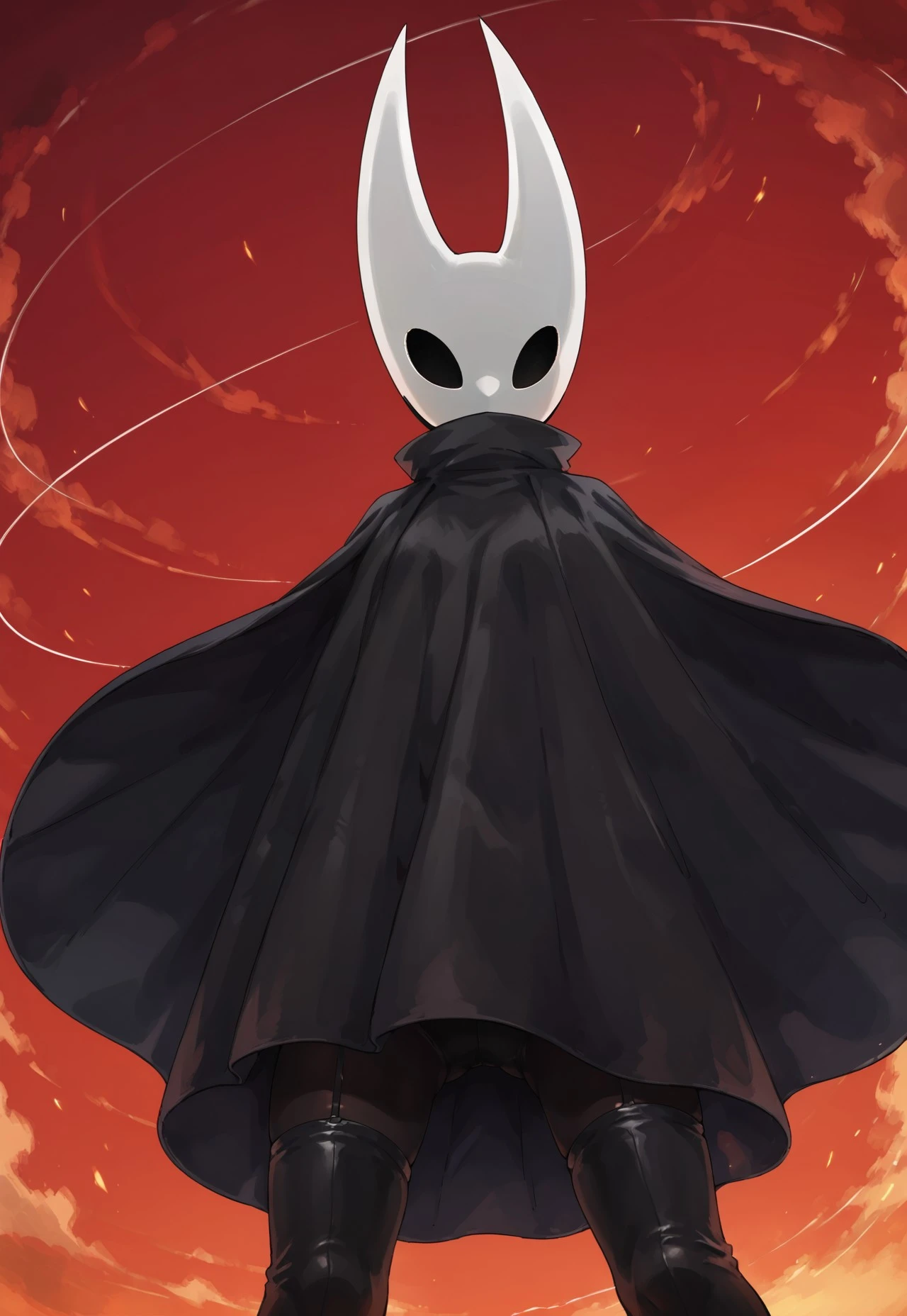 H0r1et, 1girl, mask, black cape, low angle, red sky,