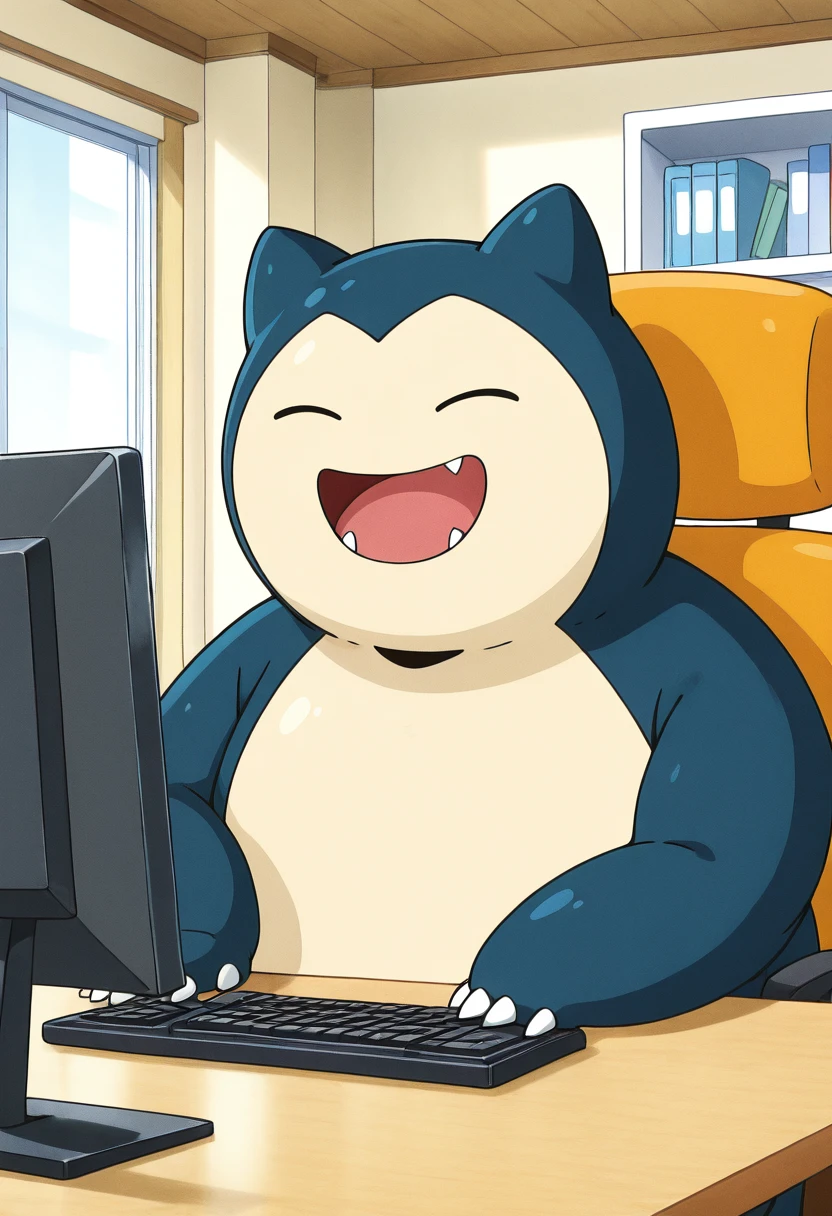 masterpiece, best quality, solo, zzSnorlax, , <lora:SnorlaxPokedex_IXL:1.0>, ,smile, open mouth, upper body, :3, window, chair, facing viewer, desk, computer, monitor, on chair, keyboard (computer), office , <lora:CitronLegacy_IXL:1.0>,