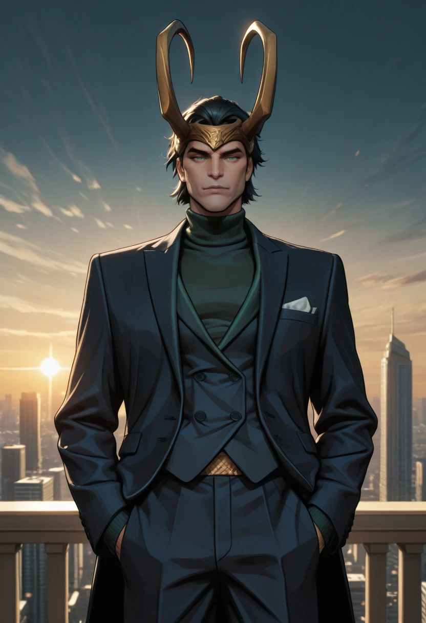 very awa, masterpiece, best quality, absurdres, newest, perfect quality, detailed background, intricate details
<lora:ILMRL0k1:1.0>
MRL0k1, 1boy, male focus, headpiece, crown, horns, green eyes, short hair, black hair, looking at viewer,, 1boy, male focus, solo, suit jacket over turtleneck, trousers, BREAK glass skyscraper balcony, sunset skyline, BREAK cinematic, hands in pockets, golden light, ultra detailed