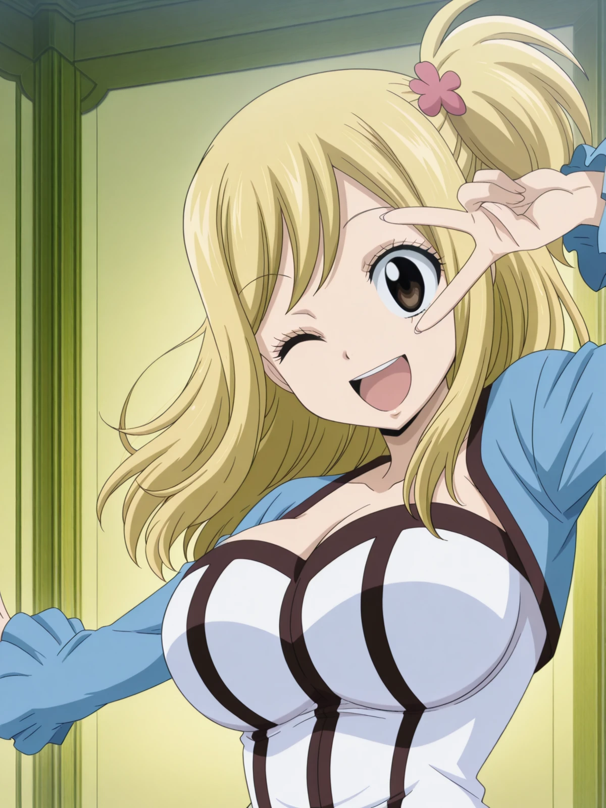 masterpiece, best quality, amazing quality,, <lora:lucy-heartfilia-s1s3s7-illustriousxl-lora-nochekaiser:1>, lucy heartfilia, hair ornament, one side up, long hair, blonde hair, brown eyes, mature female, large breasts, anime screencap, <lora:curemelody-pose-illustriousxl-lora-nochekaiser:1>, curemelody pose, solo, smile, open mouth, one eye closed, v, ;d, v over eye, hands up,, , ,