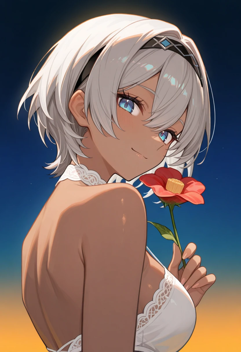 very awa, masterpiece, best quality, absurdres, newest, perfect quality, detailed background, intricate details, solo,
<lora:ILP0k3m0nBe4:1>
P0k3m0nBe4, 1girl, short hair, dark-skinned female, hair between eyes, gray hair, blue eyes, hairband, looking at viewer, charming smile, holding flower, chupa chups, upper body, from below, back lighting, dark, multicolored background