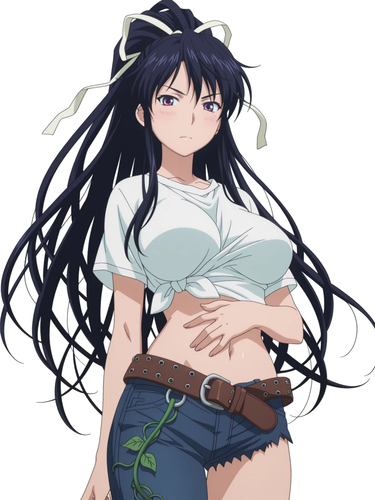 masterpiece, best quality, amazing quality,, <lora:kaori-kanzaki-s1-illustriousxl-lora-nochekaiser:1>, kaori kanzaki, long hair, black hair, ribbon, very long hair, hair ribbon, ponytail, purple eyes, mature female, large breasts, anime screencap, shirt, navel, midriff, belt, pants, denim, jeans, asymmetrical clothes, single pantsleg,, hand on stomach, blush,, jungle, dense, wildlife, vines, green, cowboy shot, solo, looking at viewer, <lora:transparent-background-illustriousxl-lora-nochekaiser:1>, transparent background, simple background, white background