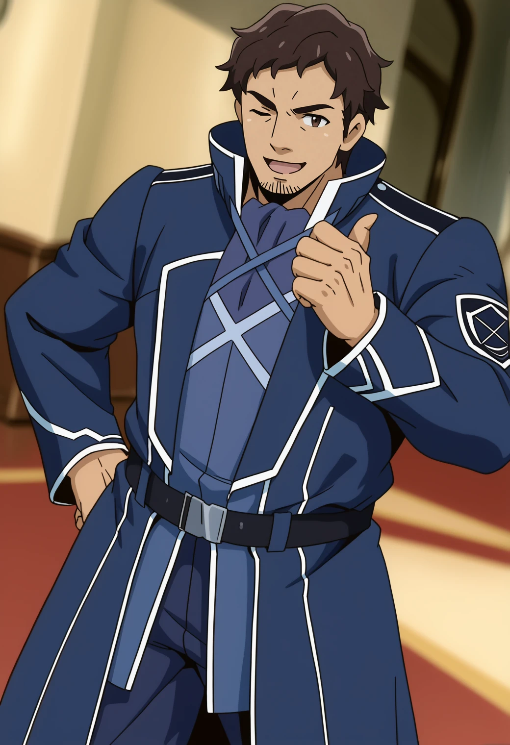masterpiece,best quality,
(anime screencap:0.7),
1boy,bara,
m1ch1t4k4,brown hair,short hair,brown eyes,goatee stubble,
military uniform,blue coat,collared coat,high collar,long sleeves,white trim,blue ascot,black belt,blue pants,open coat,
standing,
cwoboy shot,dutch angle,
looking at viewer,thumbs up,pointing with thumb,pointing at self,smile,open mouth,one eye closed,
depth of field,blurry background,atmospheric perspective,
<lora:michitaka_lh_NAI_EPS_1_1_CAME_v1_rev1:1>,âââ