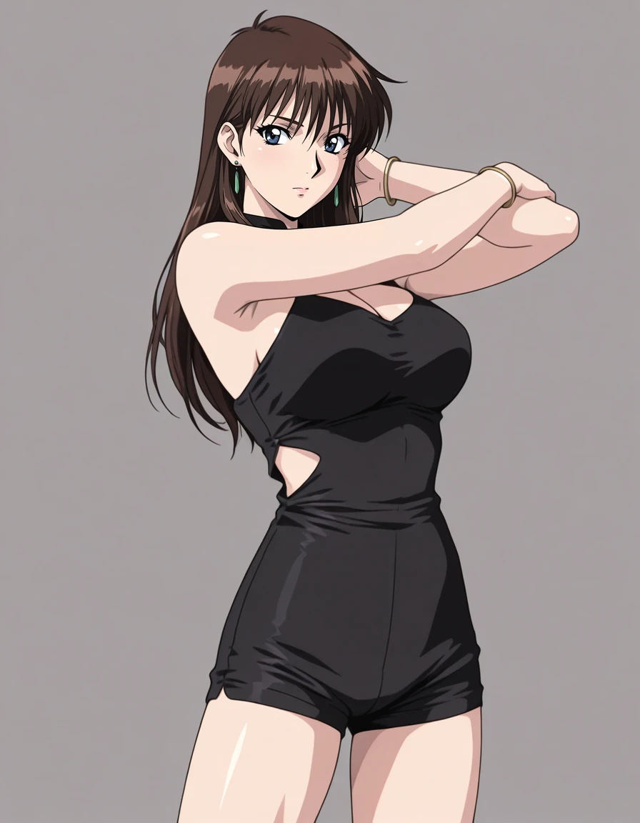 masterpiece,best quality,amazing quality,very aesthetic,high resolution,ultra detailed,perfect details,anime coloring,
1girl,solo,dynamic pose,simple background,grey background,
<lora:mai_bj_clothing_sexy_c_dress:1>,mai_bj_clothing_sexy_c_dress,black_dress,short shorts,jewelry,earrings,bracelet,
<lora:mai-morikawa-yukari:0.7>,mai-morikawa-yukari,retro_artstyle,1990s_(style),aged_up,mature_female,long_hair,brown_hair,large_breasts,green_earrings,