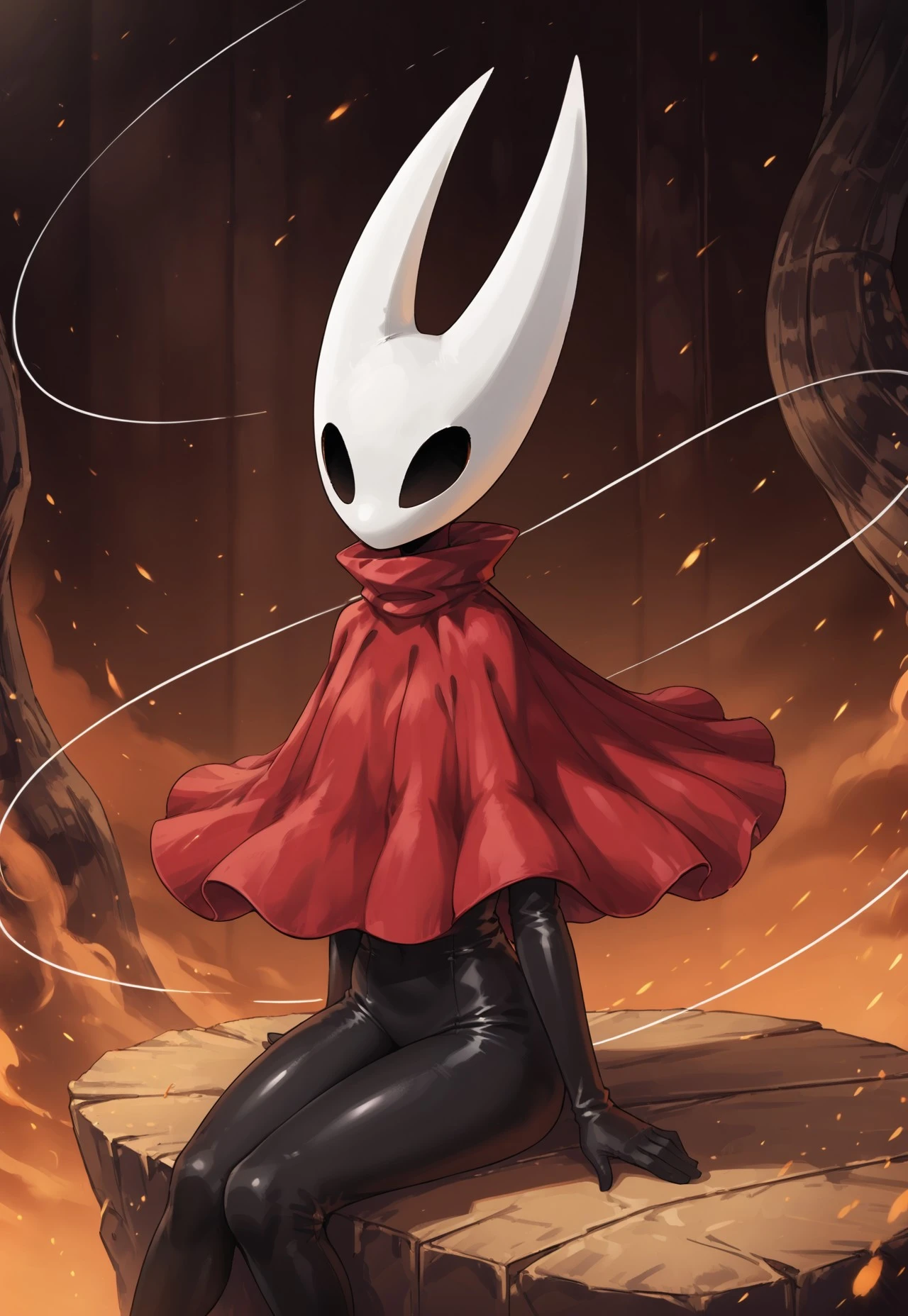 H0r1et, mask, red cape, sitting, looking up, jungles, dark nature background,