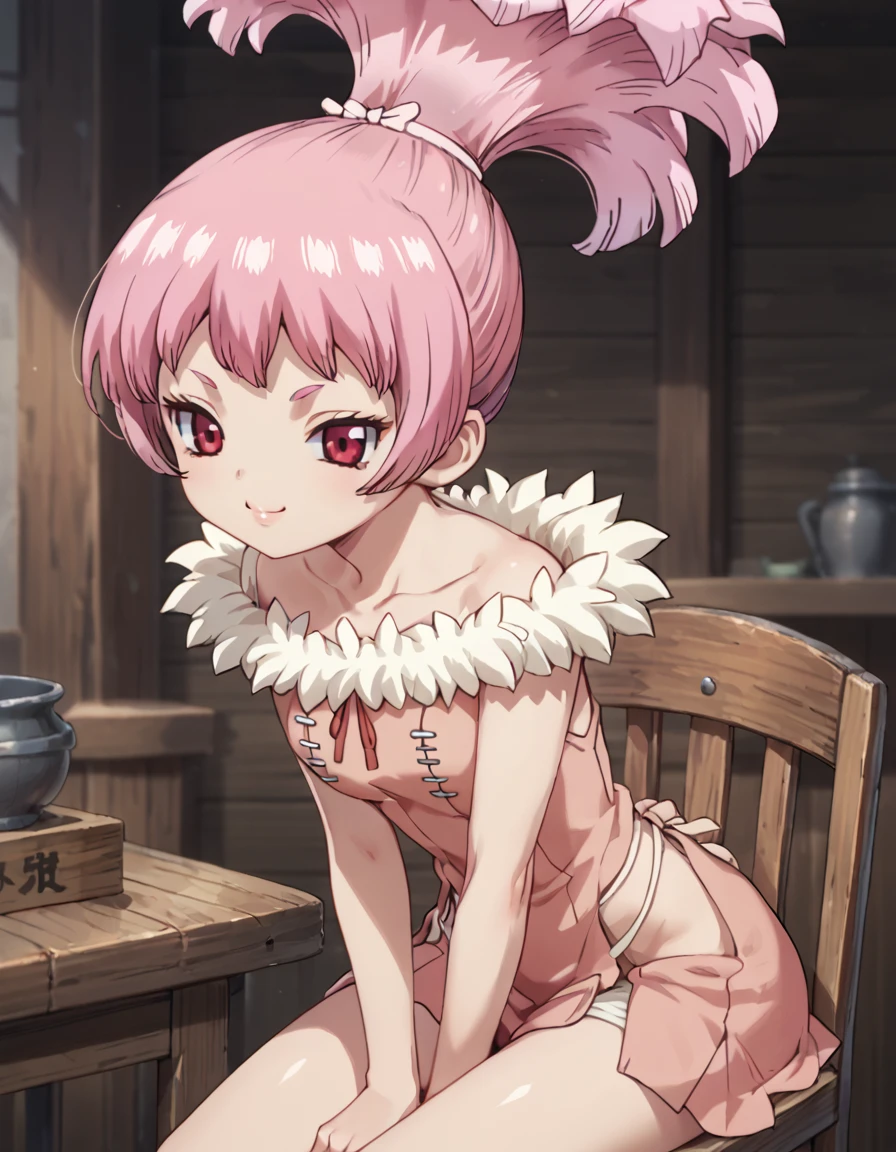 score_9, score_8_up, score_7_up, DrStone_Homura, sitting on edge of chair, leaning forward, soft smile