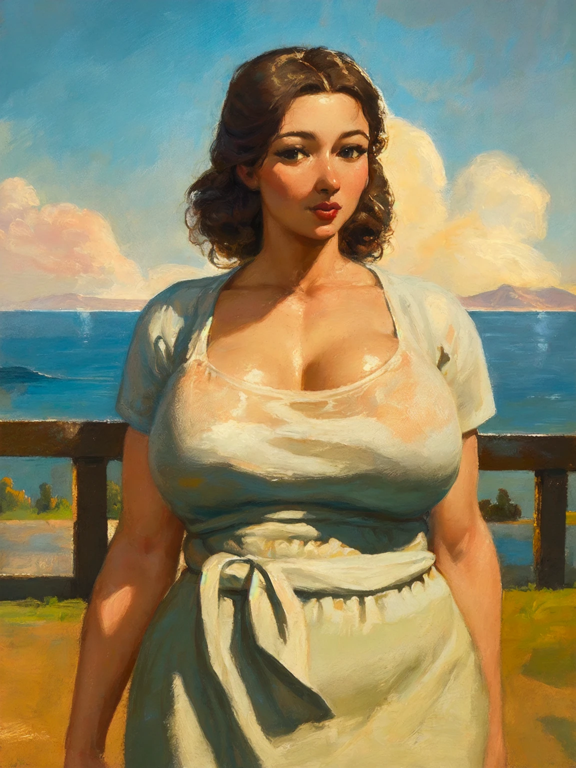 Impressionism, oil painting, traditional medium, score_9, score_8_up, score_7_up, rating_safe, 1woman, mature female, solo, venus body, canvas texture, (incase style:0.7), outdoors, painterly, small brushstrokes, visible brushstrokes, impressionistic style