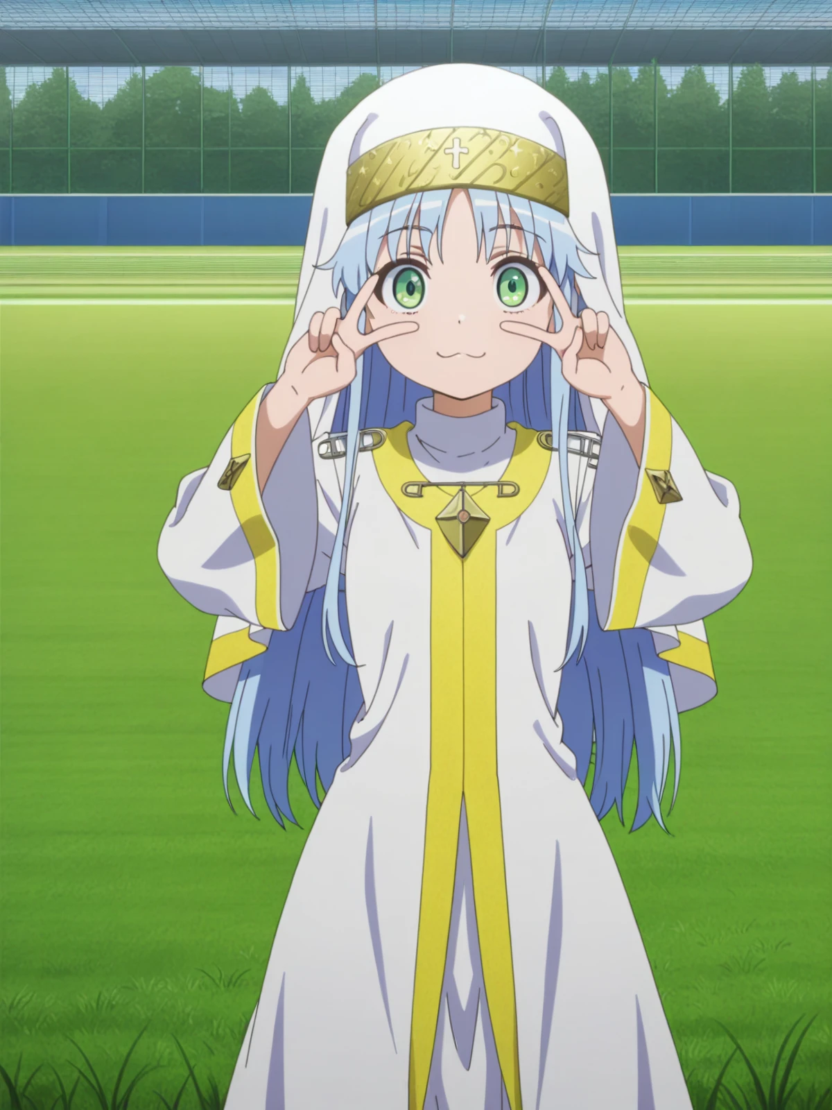 masterpiece, best quality, amazing quality,, <lora:index-librorum-prohibitorum-indexs2-illustriousxl-lora-nochekaiser:1>, index librorum prohibitorum, green eyes, blue hair, long hair, anime screencap, habit, long sleeves, nun, robe, white robe, wide sleeves,, v, v over eyes,, soccer field, grass, goal, players, sport, cowboy shot, solo, looking at viewer,