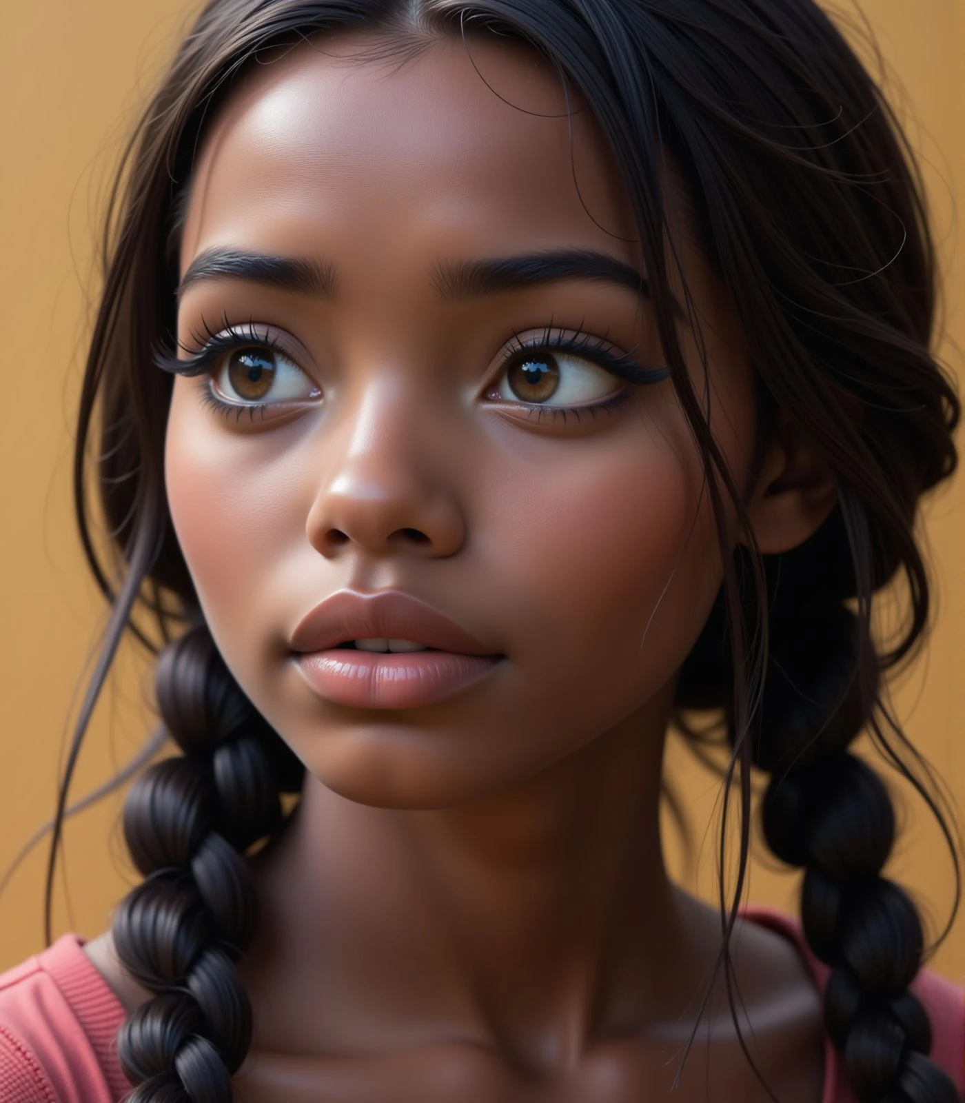 sharp image, 4k, young woman face, close up face, looking away, multicolored wall on background, black eyeliner, eyeshadows, long eyelashes,, <lora:Woomy 14 Flux:0.9> dark skin, ebony, brown eyes, brown hair, long hair, braid twintails,