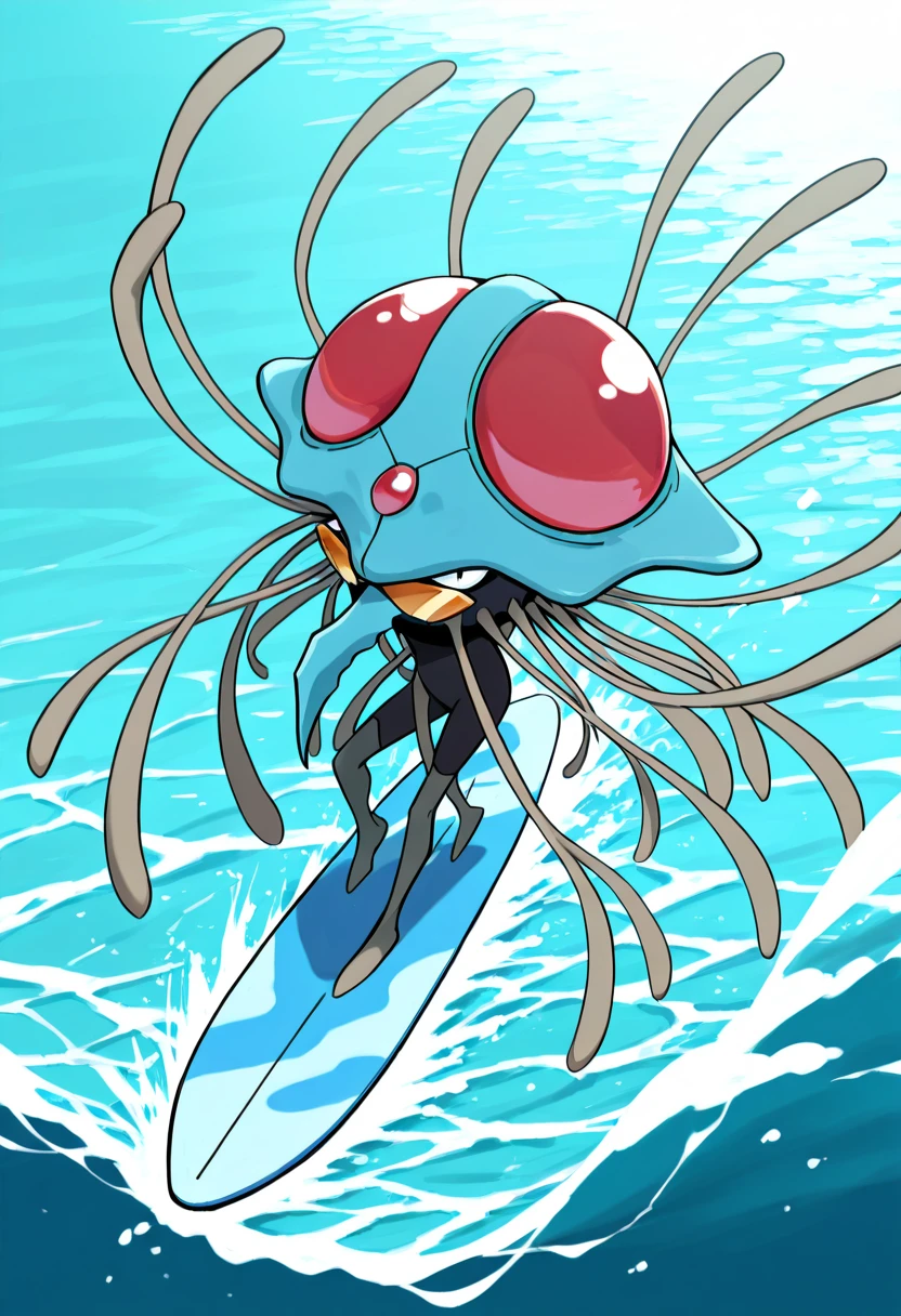 masterpiece, best quality, solo, zzTentacruel, surfing, ocean, sunglasses, <lora:TentacruelPokedex_IXL:1.0>,