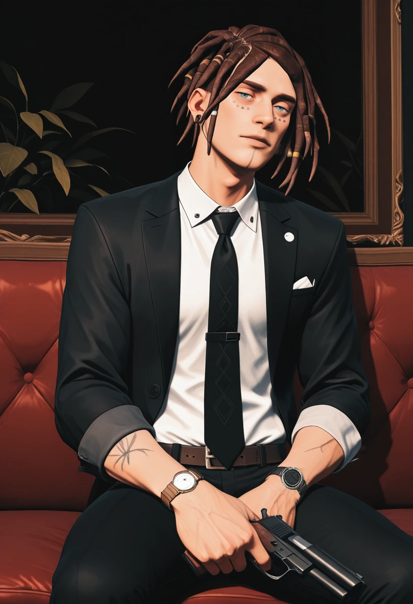 very awa, masterpiece, best quality, absurdres, newest, perfect quality, detailed background, intricate details
<lora:ILLIS2Finn:1.0>
LIS2Finn, 1boy, male focus, dreadlocks, short hair, brown hair, blue eyes, facial mark, hair ornament, ear piercing, looking at viewer, male focus, black necktie, watch, wristwatch, white shirt, black jacket, collared shirt, closed mouth, sleeves rolled up, formal, indoors, sitting, suit, black pants, upper body, gun, long sleeves, , jewelry, ear piercing, holding, dress shirt, belt, earrings, open jacket