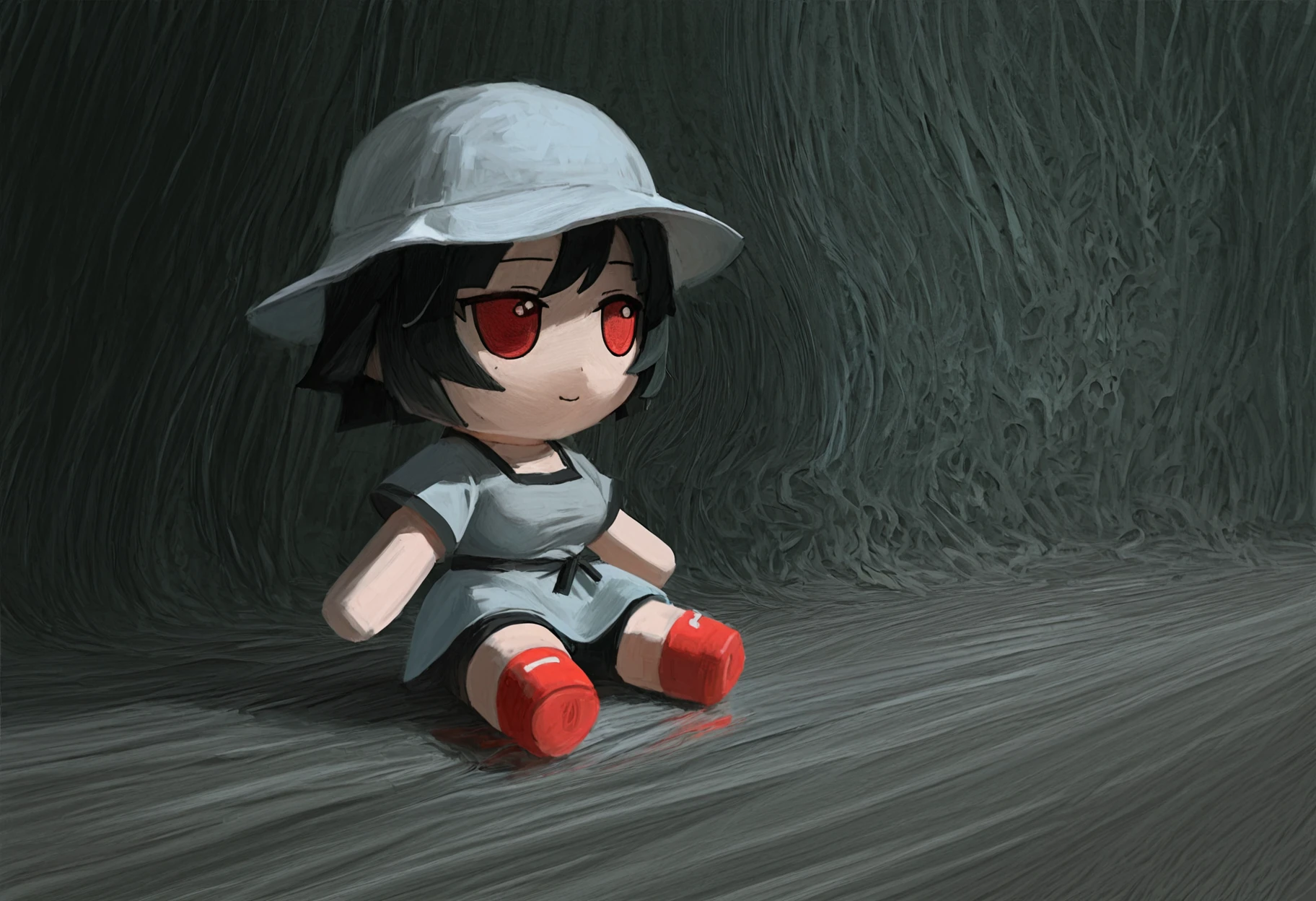 <lora:daodtt_style_illustr:0.7> da0d77, 1girl,
absurdly detailed composition, detailed shadows, detailed background,
abstract, surreal, abstract background, surreal background, visible brushstrokes, painterly, impressionistic,
shiina mayuri, , black hair, dress, grey dress, shorts, long shorts, hat, black boots,
full body view,
<lora:fumo-il:1> fumo \(doll\), fumo, fumo plush doll, chibi, chibi only,
sitting,
smile, from side