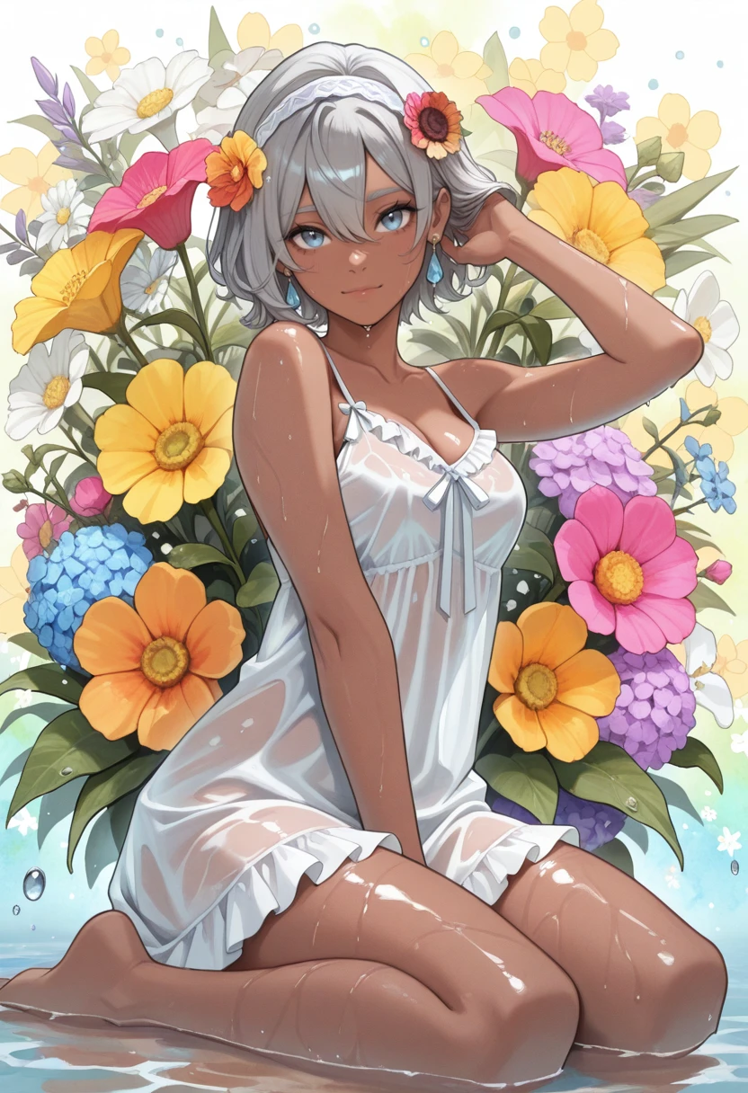 very awa, masterpiece, best quality, absurdres, newest, perfect quality, detailed background, intricate details, solo,
<lora:ILP0k3m0nBe4:1>
P0k3m0nBe4, 1girl, short hair, dark-skinned female, hair between eyes, gray hair, blue eyes, hairband, delicate white nightgown, barefoot, with flowing wavy hair, Includes frills, earrings, soft, beautiful, floral hair ornament, sitting, wariza, hair flip, wet, colorful flowers, (((summer, floral background, dense floral background:1.4))), ((watercolor background:1.4)), water drop, light particles, dutch angle, full body, (looking at viewer),