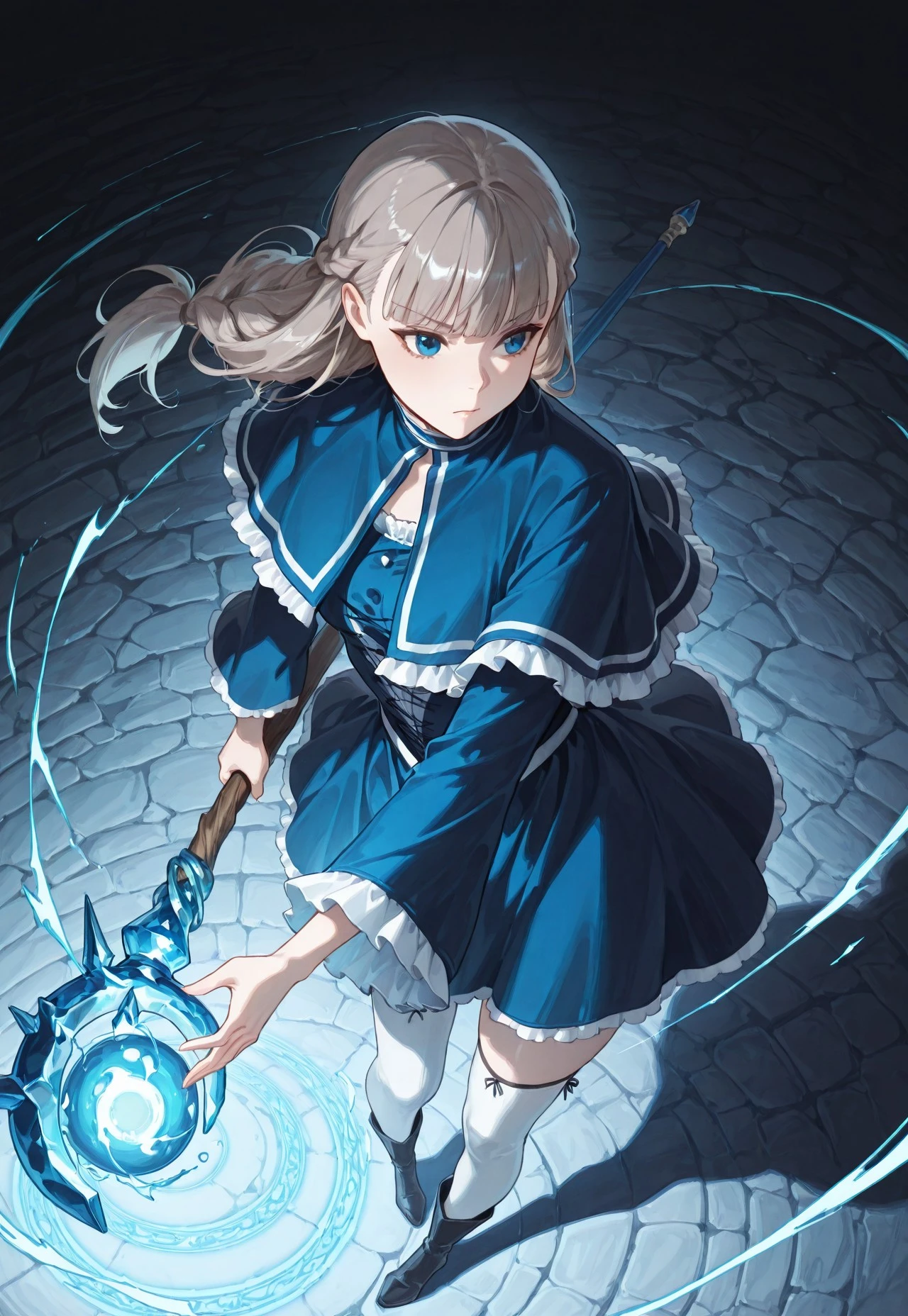 masterpiece, very aesthetic, absurdres, sinfully stylish, dramatic lighting, soft light, long shadows, detailed, ultra-detailed, masterpiece, very aesthetic, absurdres, perfect quality, absolutely eye-catching, best quality, intricate details, high-res,anime, 1girl, solo, blue eyes, grey hair, long hair, french braids, bangs, blue capelet, white thighhighs, boots, blue dress. frills, staff, magic circles, ice magic