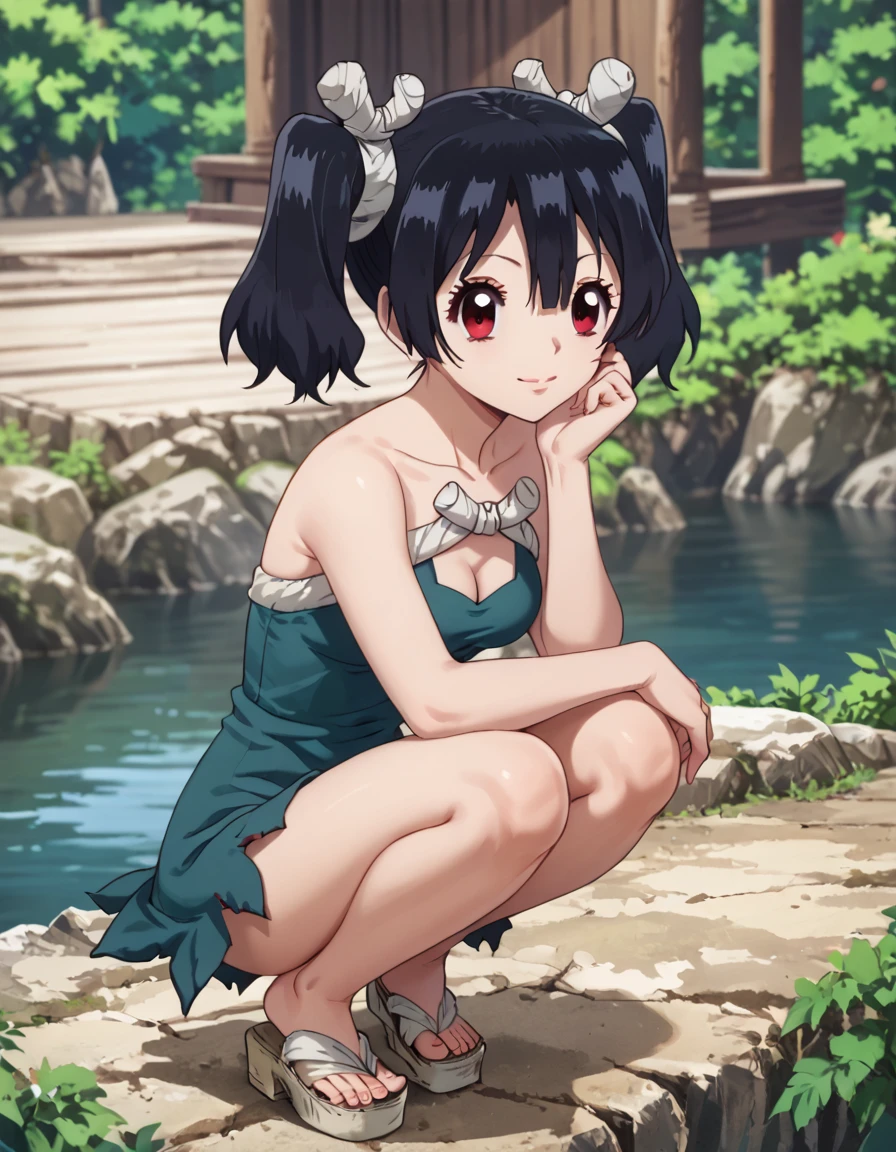 score_9, score_8_up, score_7_up, DrStone_Ruby, crouching low, ready to spring, soft smile