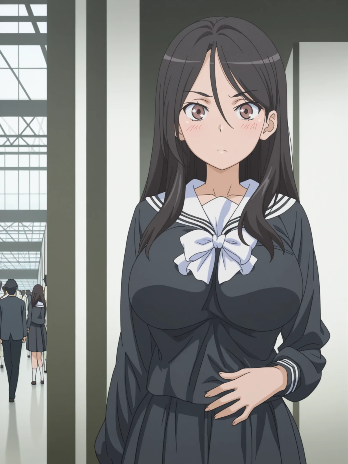 masterpiece, best quality, amazing quality,, <lora:seiri-fukiyose-indexs2-illustriousxl-lora-nochekaiser:1>, seiri fukiyose, long hair, black hair, brown eyes, hair between eyes, mature female, large breasts, anime screencap,, skirt, serafuku, black shirt, black skirt, long sleeves, white bowtie, white sailor collar, hand on stomach, blush,, museum, exhibits, art, history, visitors, cowboy shot, solo, looking at viewer,