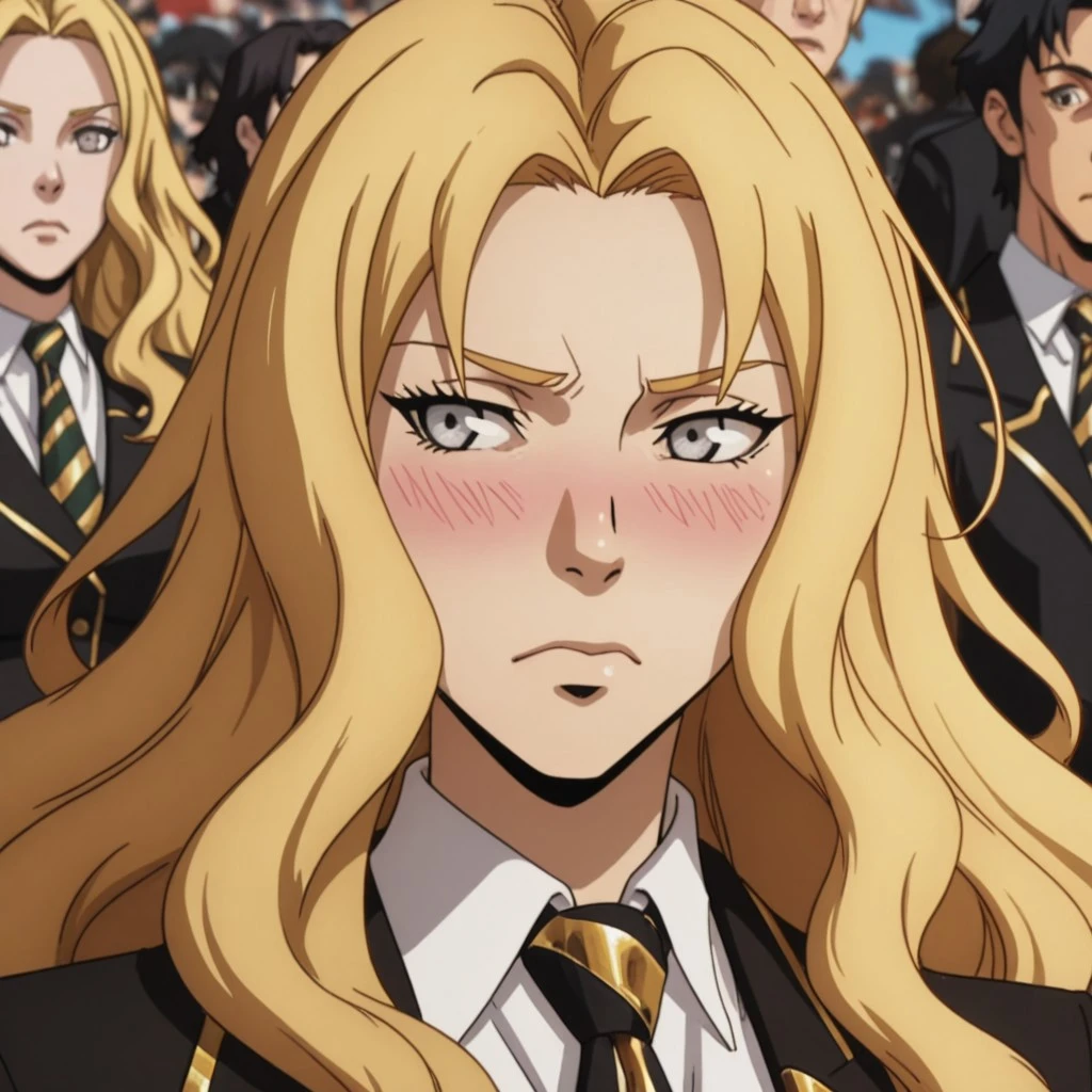 (QUALITY: score_9, score_8_up, score_7_up, score_6_up, high_quality, highres, detailed_eyes, beautiful, detailed, masterpiece, best quality, absurdres, 8k)
(STYLE: Expressiveh, source_anime, intricate details, anime screencap, official style)
(PERSPECTIVE: headshot, portrait, close up, dynamic angle)
(CHARACTER: 1girl, leona eristas, blonde hair, (silver eyes:1.3), long hair, wavy hair)
(CLOTHING: white shirt, black blazer, gold trim, black-golden striped tie),
(EXPRESSION: shy, tsundere, blushing)
(SETTING: blurred background, random crowded outdoor place)