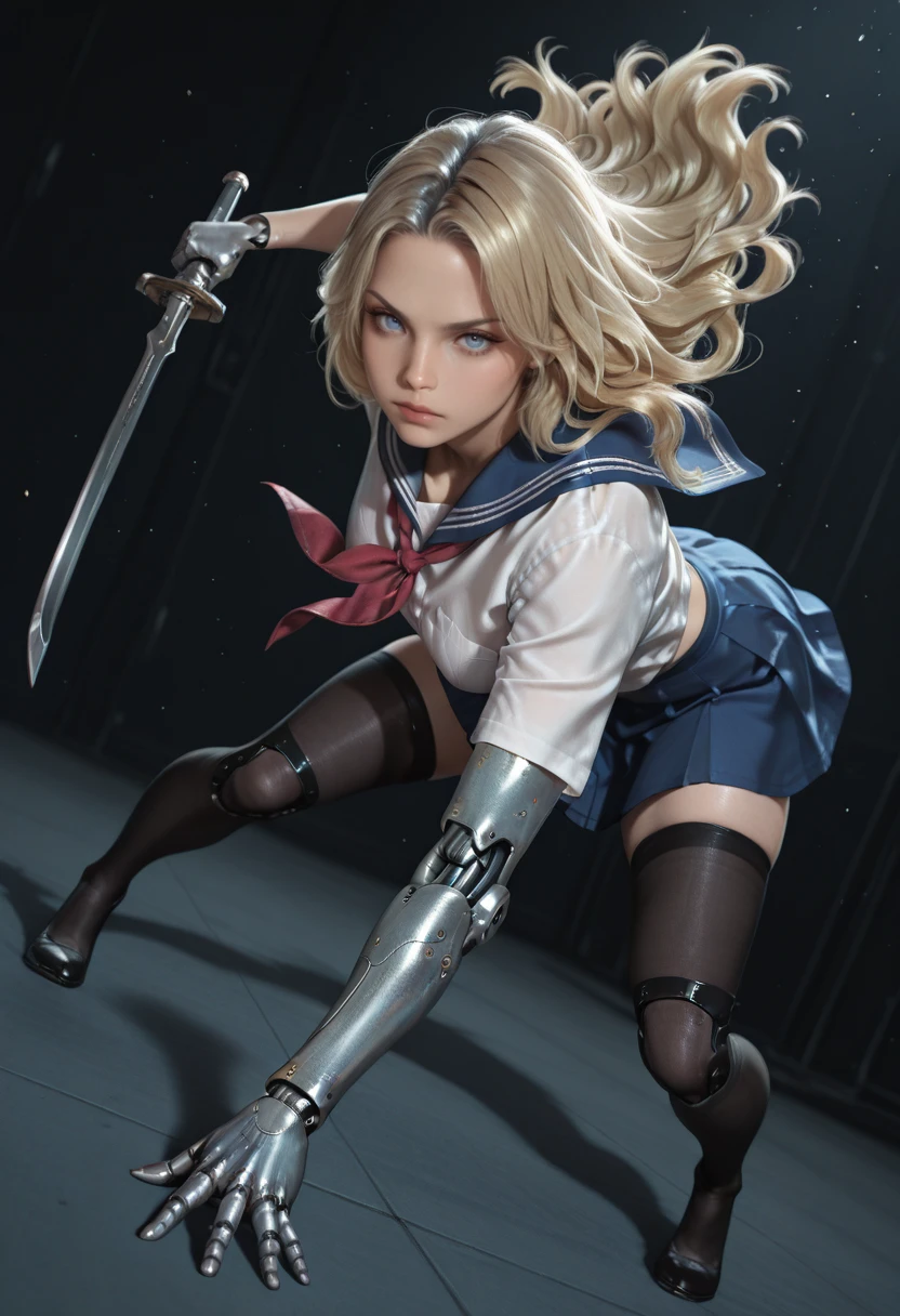 very awa, masterpiece, best quality, absurdres, newest, perfect quality, detailed background, intricate details
<lora:ILRERB3cc4:1>
RERB3cc4, 1girl, blonde hair, long hair, blue eyes, looking at viewer, holding, full body, mechanical arms, weapon, black thighhighs, holding weapon, blue skirt, holding sword, joints, red neckerchief, white shirt, closed mouth, blue sailor collar, masterpiece, best quality, very aesthetic, absurdres, blurry background, light particles, blurry foreground, dutch angle, light particles, attractive image, dynamic pose, foreshortening, extreme perspective, (Attack Stance, Attack Action),