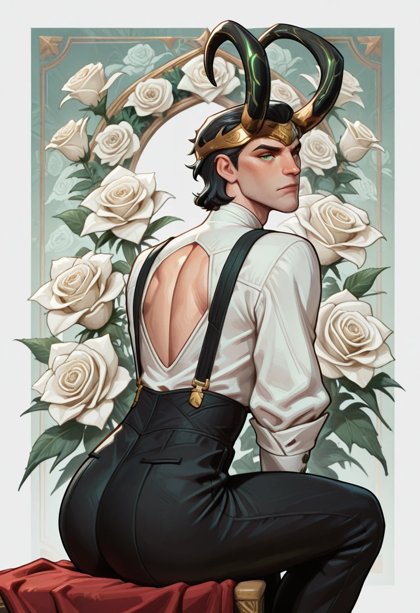very awa, masterpiece, best quality, absurdres, newest, perfect quality, detailed background, intricate details
<lora:ILMRL0k1:1.0>
MRL0k1, 1boy, male focus, headpiece, crown, horns, green eyes, short hair, black hair, looking at viewer, male focus, sits gracefully among white roses, wears a stylish, backless white shirt, highlighting his slender physique, paired with fitted black pants, expression is thoughtful and slightly melancholic, conveying an air of elegance and mystery, soft, floral background enhances the overall aesthetic