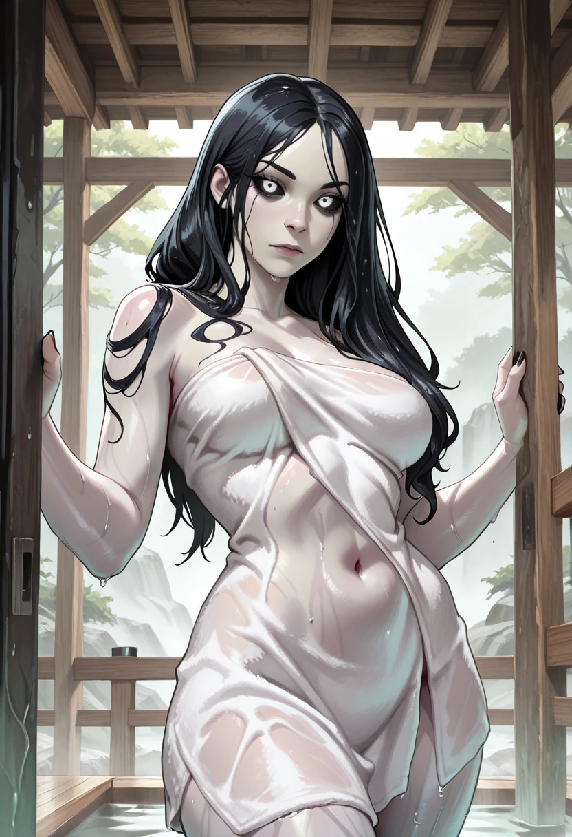 very awa, masterpiece, best quality, absurdres, newest, perfect quality, detailed background, intricate details
<lora:ILSm2Izanami:1.0>
Sm2Izanami, 1girl, black hair, long hair, black sclera, white eyes, pale skin, looking at viewer, wet, naked towel, stomach, looking at viewer