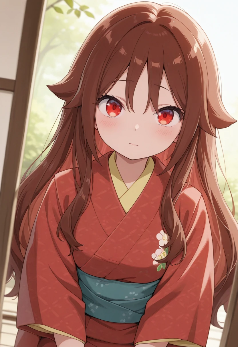 masterpiece,best quality,amazing quality, yuzuki tachibana, 1girl, solo, long hair, looking at viewer, brown hair, red eyes, closed mouth, japanese clothes, kimono, hair flaps