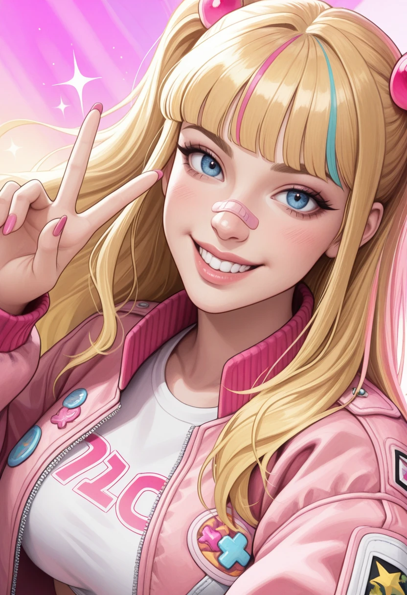 very awa, masterpiece, best quality, absurdres, newest, perfect quality, detailed background, intricate details
<lora:ILMRM4gik:1>
MRM4gik, 1girl, long hair, blonde hair, multicolored hair, blunt bangs, blue eyes, hair ornament, looking at viewer, wearing a loose bomber jacket in pastel pink with cute patches, white crop top underneath, pink band-aid on nose, background with small floating sparkles, playful "fake tough girl" vibe, soft lighting, dynamic pose, dynamic angle, close up, portrait, eye focus, long pink nails, confident smile, mischievous expression, head tilted slightly, peace sign gesture near right eye