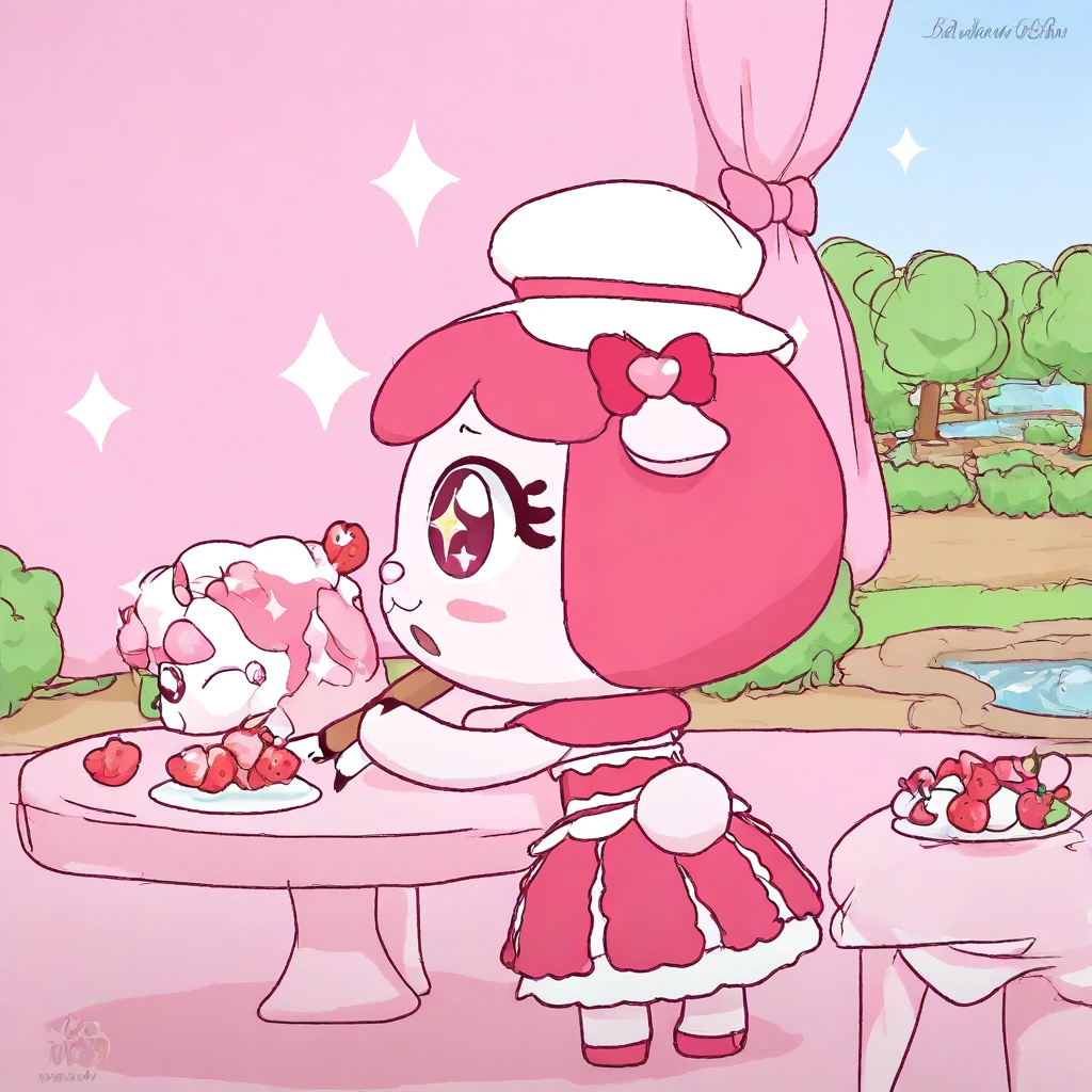 pink skirt, sky, white headwear, ^ ^, sparkling eyes, facing viewer, lying, rabbit, food-themed hair ornament, heart, half-closed eyes, hot pink frills, (hot pink capelet layered over strapless sleeveless frilly dress), sleeping, bow, pink capelet, pink fur, straight-on, furry female, red skirt, table, rabbit tail, full body, outstretched arms, shoes, magical girl, pink hair, mascot, bodyfur), blanket, :3, gradient, watermark, (light pink skin, :o, strawberry, solo, paintbrush, sparkle, upper body, cherry, pink theme, holding, + +, body fur, hot pink shoes, pillow, spotlight, skirt, open mouth, closed mouth, solo focus, dark pink eyes, , bush, blush stickers, wavy mouth, pond, fruit, profile, jaggy lines, red dress, light pink heart-shaped brooch, sheep girl, curtains, sketch, eyelashes, flower, hair bow, furry female) mousse benetta, tree, day