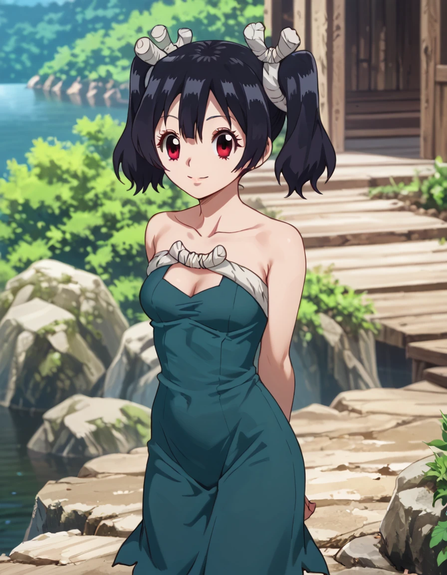 score_9, score_8_up, score_7_up, DrStone_Ruby, standing, arms behind back, soft smile