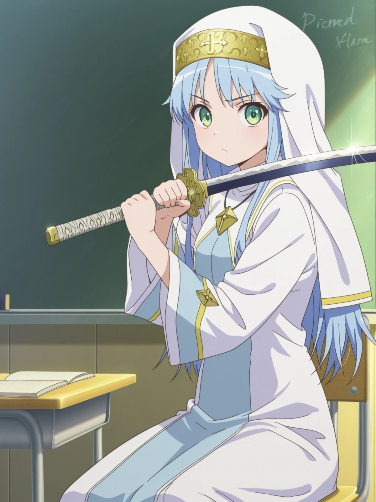 masterpiece, best quality, amazing quality,, <lora:index-librorum-prohibitorum-indexs2-illustriousxl-lora-nochekaiser:1>, index librorum prohibitorum, green eyes, blue hair, long hair, anime screencap, habit, long sleeves, nun, robe, white robe, wide sleeves,, <lora:sword-guard-stance-illustriousxl-lora-nochekaiser:1>, sword guard stance, sword, weapon, solo, katana, holding, holding weapon, holding sword, looking at viewer, cowboy shot,, classroom, chalkboard, daytime, studying, sitting, chair, desk, cowboy shot, solo, looking at viewer,
