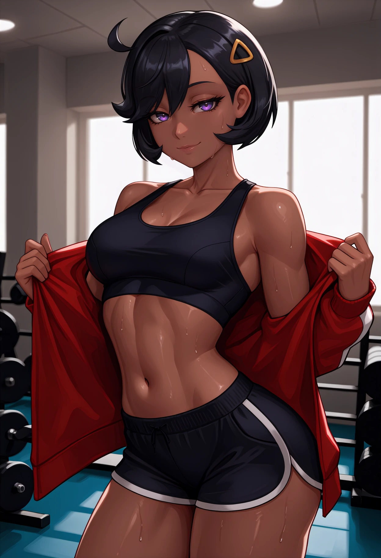 newest, solo, 1girl, dark-skinned female, sweat, smile, looking at viewer, standing, removing jacket, short hair, black hair, ahoge, hairclip, purple eyes, eyelashes, red jacket, track jacket, open jacket, long sleeves, black sports bra, black shorts, dolphin shorts, short shorts, shoulders, collarbone, stomach, navel, , indoors, gym, weights
<segment:yolo-Anzhc Face seg 640 v3 y11n.pt,0.5,0.5//cid=11>