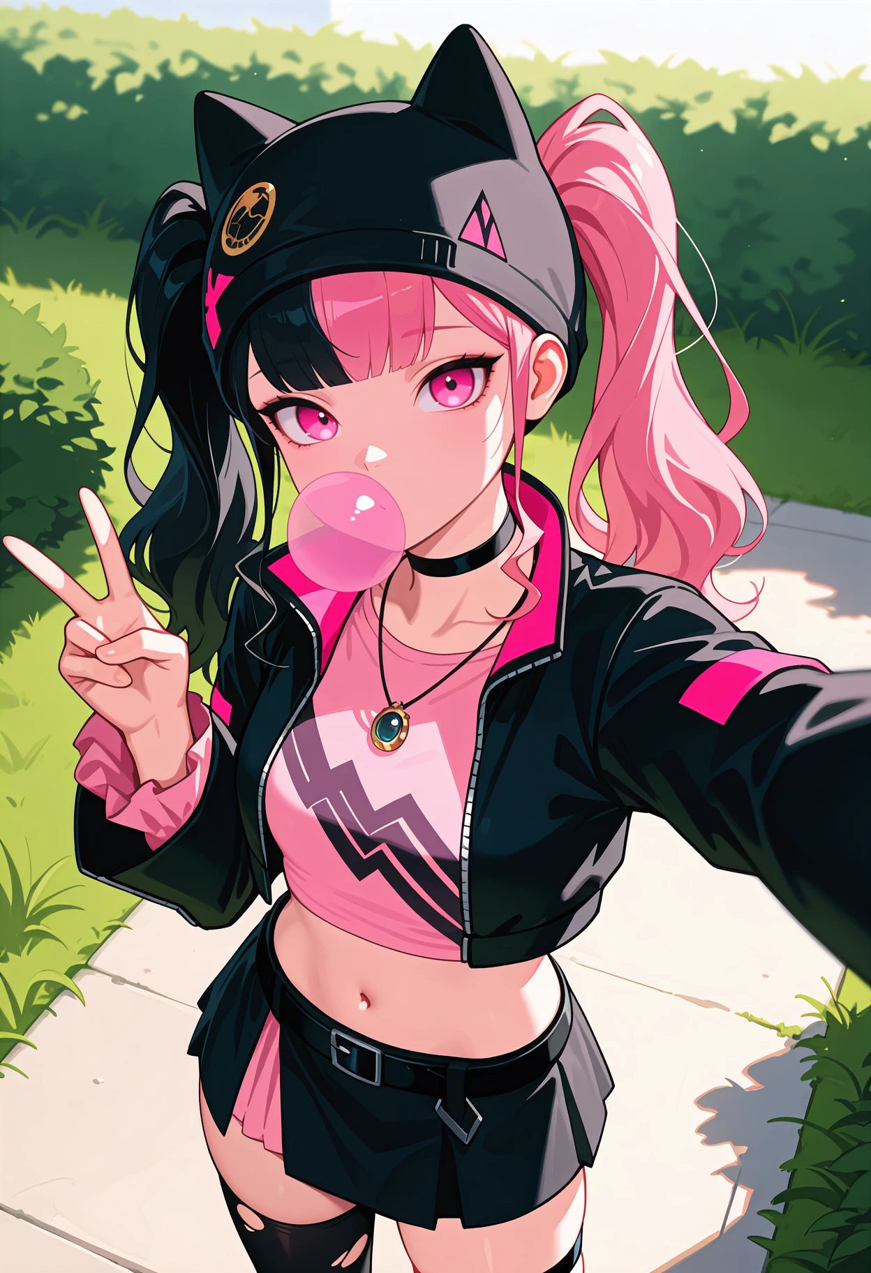 newest, solo, 1girl, looking at viewer, chewing gum, selfie, outstretched arm, v, long hair, split-color hair, black hair, pink hair, twintails, black headwear, animal ear headwear, beanie, pink eyes, black jacket, cropped jacket, open jacket, long sleeves, pink shirt, cropped shirt, black skirt, miniskirt, black belt, thigh strap, black thighhighs, single thighhigh, torn thighhighs, black choker, necklace, navel, outdoors, day, grass, bush
<segment:yolo-Anzhc Face seg 640 v3 y11n.pt,0.5,0.5//cid=11>