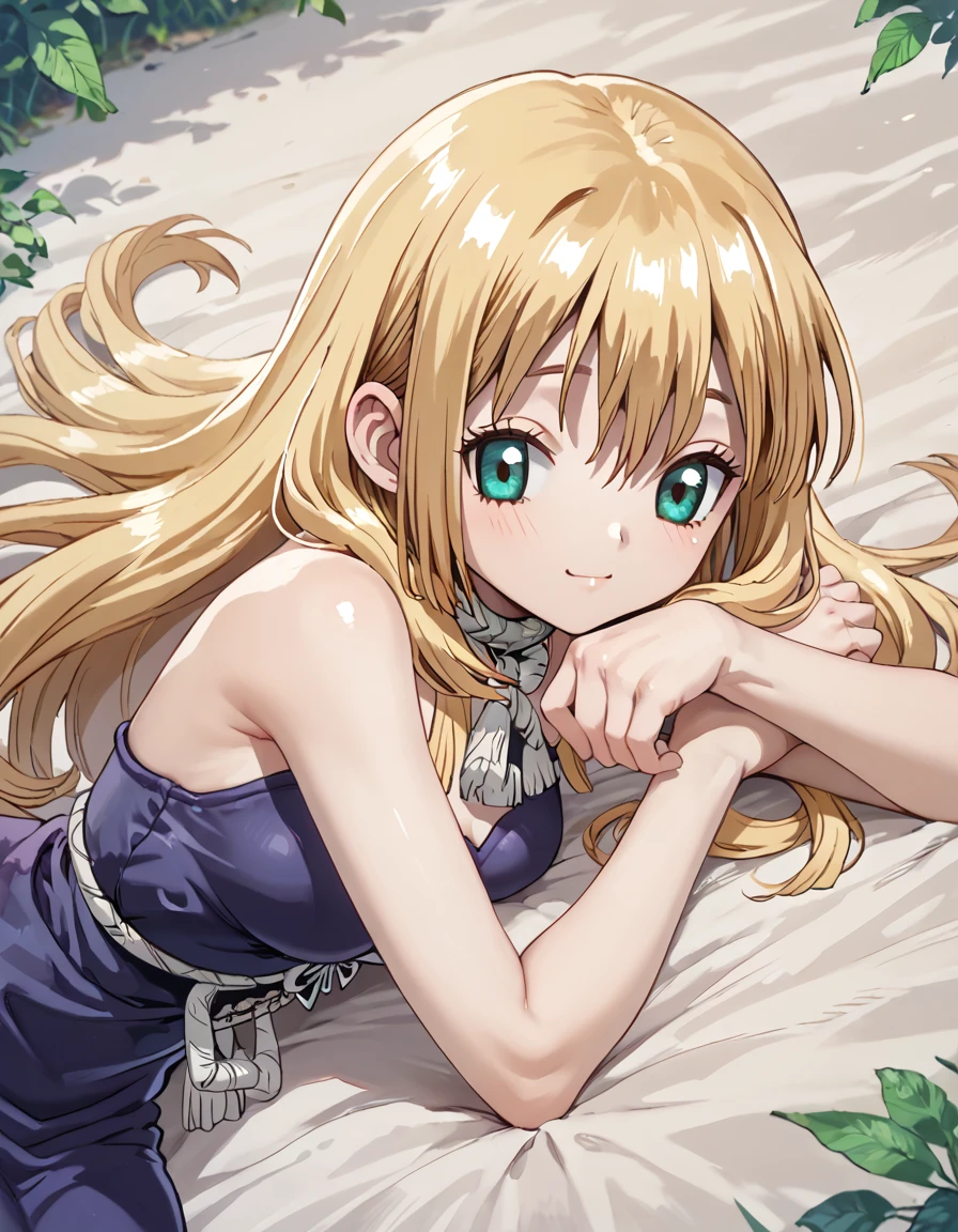 score_9, score_8_up, score_7_up, DrStone_Ruri, lying on stomach, head resting on arms, soft smile