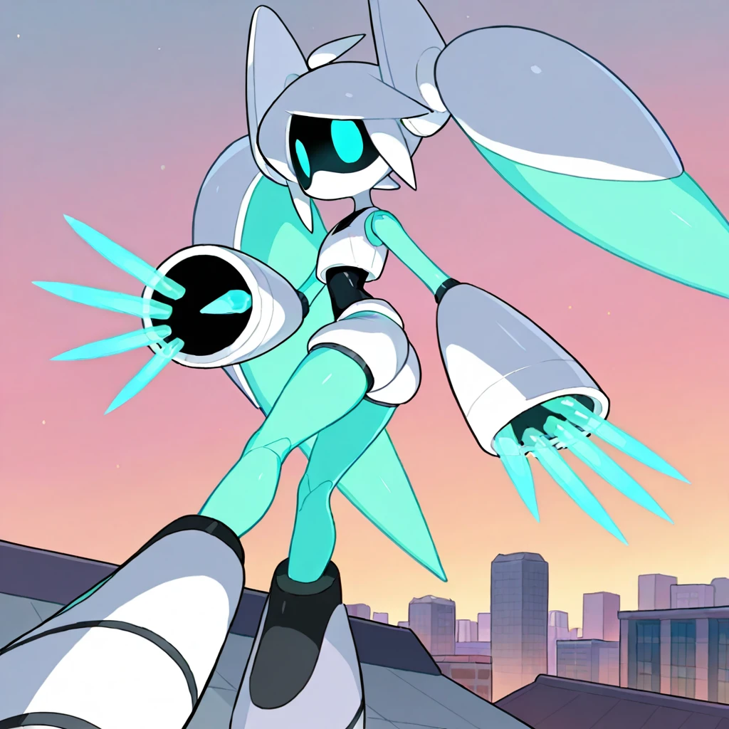 solo,
VoidollCom, robot, humanoid, female, twintails, screen face, screen eyes, light blue eyes, light blue skin, arm cannon, footwear, white crop top, white shorts, black leotard under clothes, holographic fingers, side view, dynamic pose, on roof, cityscape, twilight, gradient sky,
amazing quality, high quality, very aesthetic, absurdres, newest, masterpiece, best quality, very awa, detailed background,