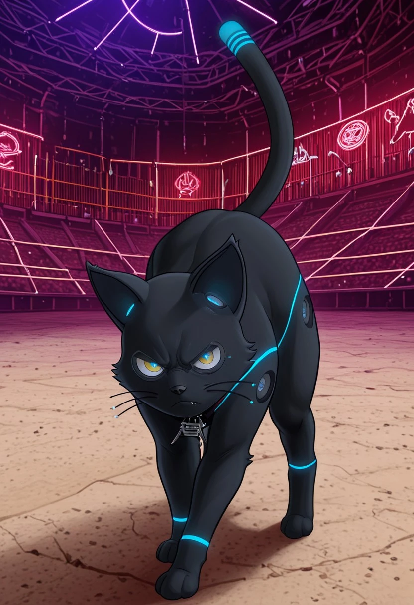 masterpiece, best quality, amazing quality, very aesthetic, absurdres, newest, break
indoor, arena, cyber pank, neon lights, break
1cat, cat 808, black cat, glowing, feral cat, neon lights, yellow eyes, slim body, break
jumping an all fours, angry. cowboy shot