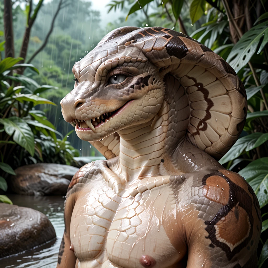 ultra-detailed, score_9, score_8_up, score_7_up, realistic, anthro, cobra, male snake, smooth scales, detailed scales, gray eyes, slit eyes, gray scales, jungle, sitting on rock, tribal clothing, heavy-rain, rain, wet, cloudy, dark, close-up, sharp teeth,
