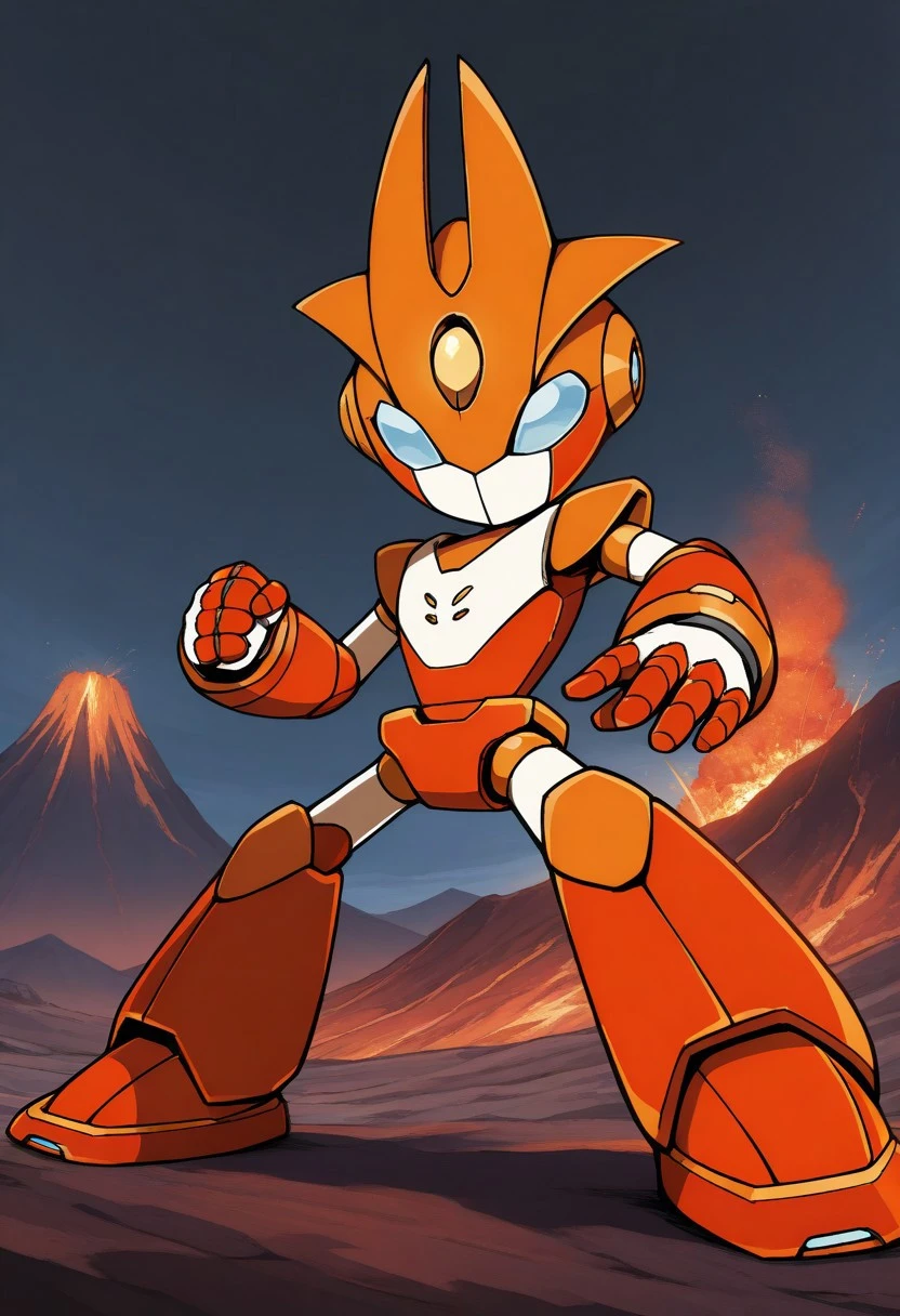 solo male, Scylla, red robot, light blue eyes, spherical head with a beige mouth plate, curved red horn, pale yellow gem in forehead, battle stance, volcano, dark sky, (high quality, masterpiece, 4K UHD),
