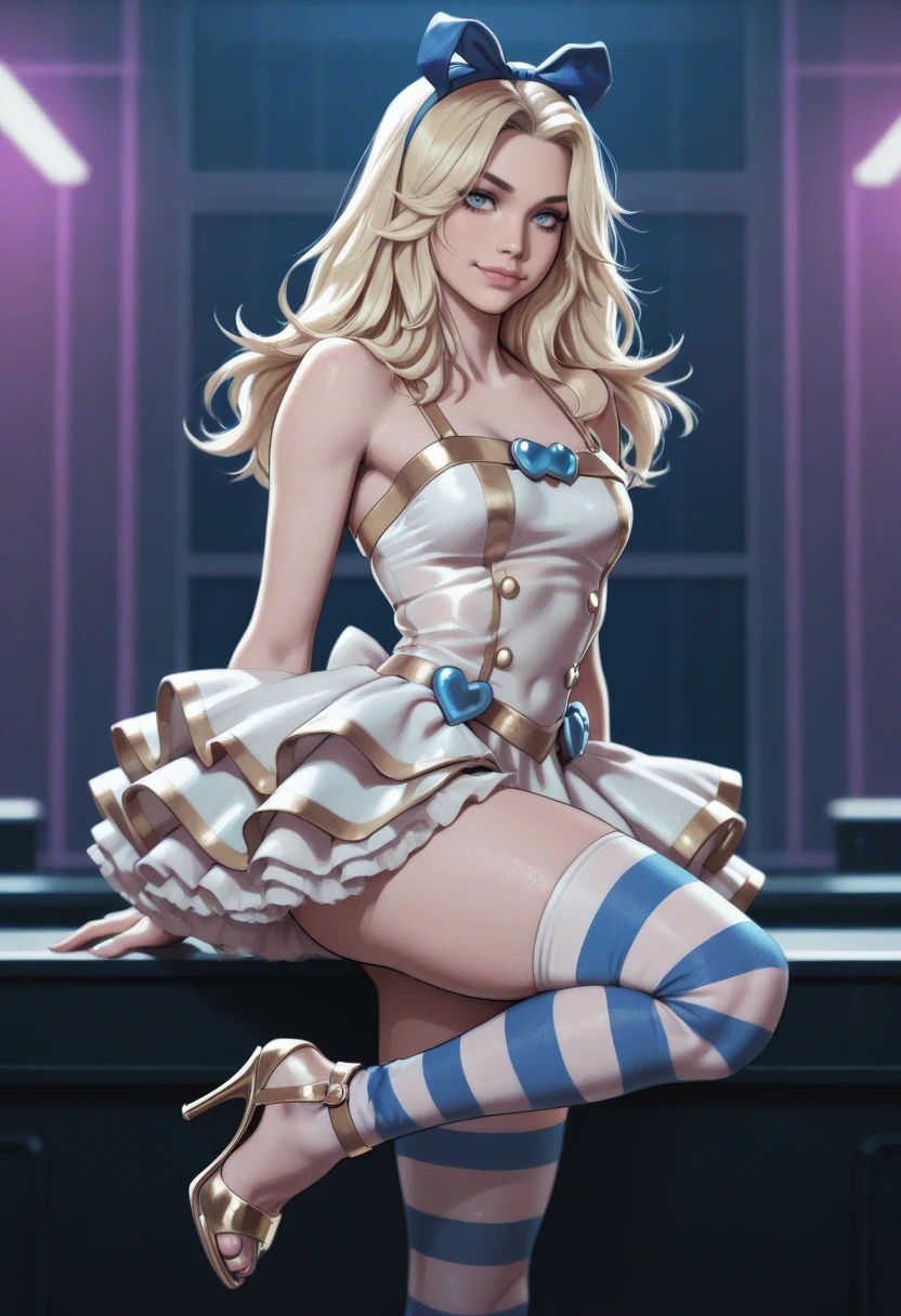 very awa, masterpiece, best quality, absurdres, newest, perfect quality, detailed background, intricate details
<lora:ILRERB3cc4:1>
RERB3cc4, 1girl, blonde hair, long hair, blue eyes, looking at viewer, depth of field, small chest, wearing a white magical girl dress, one big blue ribbon on hair, glam and punk aesthetics, colorful explosive background, Stocking (from Panty and Stocking by Garterbelt), edgy attitude, striped blue and white thigh-highs, high heels, soft smile