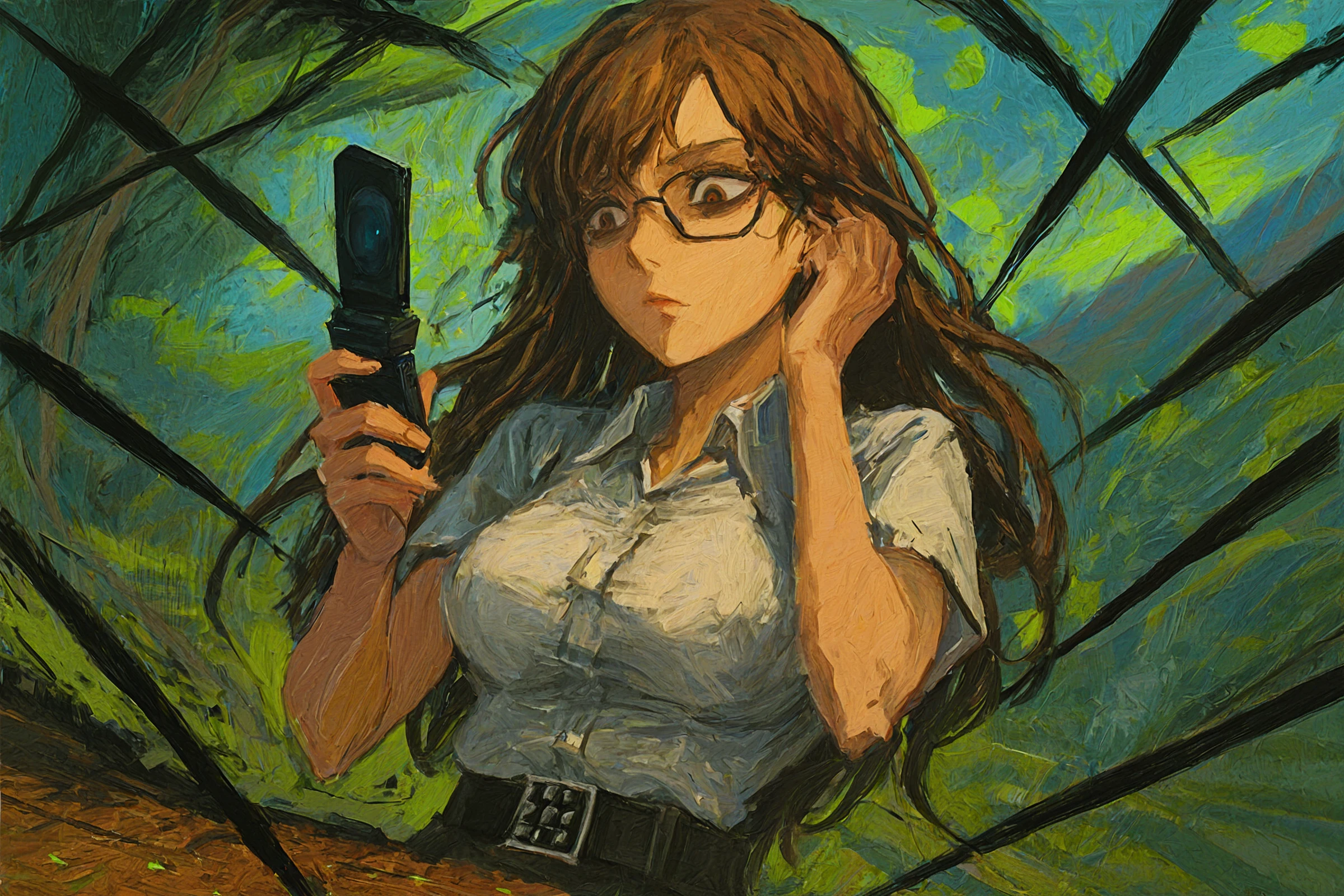 <lora:daodtt_style_illustr:1> da0d77, 1girl,
absurdly detailed composition, detailed shadows, detailed background,
abstract, surreal, abstract background, surreal background, rough abstract lines, quick twisting brushstrokes, painterly, impressionistic,
<lora:steinsgate_kiryu_illustriousXL:0.8> k1ryu, glasses, long hair, brown hair, short sleeves, white shirt, collared shirt, , brown eyes, pencil skirt, black belt, belt buckle, flip phone, cellphone, 
wide-eyed, wide eyes, looking at cellphone | looking at flip phone, holding flip phone, holding cellphone, 
(dutch angle, tilted camera, camera tilt, from side, unique angle, close-up:1.4),
black abstract lines | black sharp lines piercing girl | black rough brushstrokes spearing girl, neon green accents | neon green spots | neon green spot coloring,
