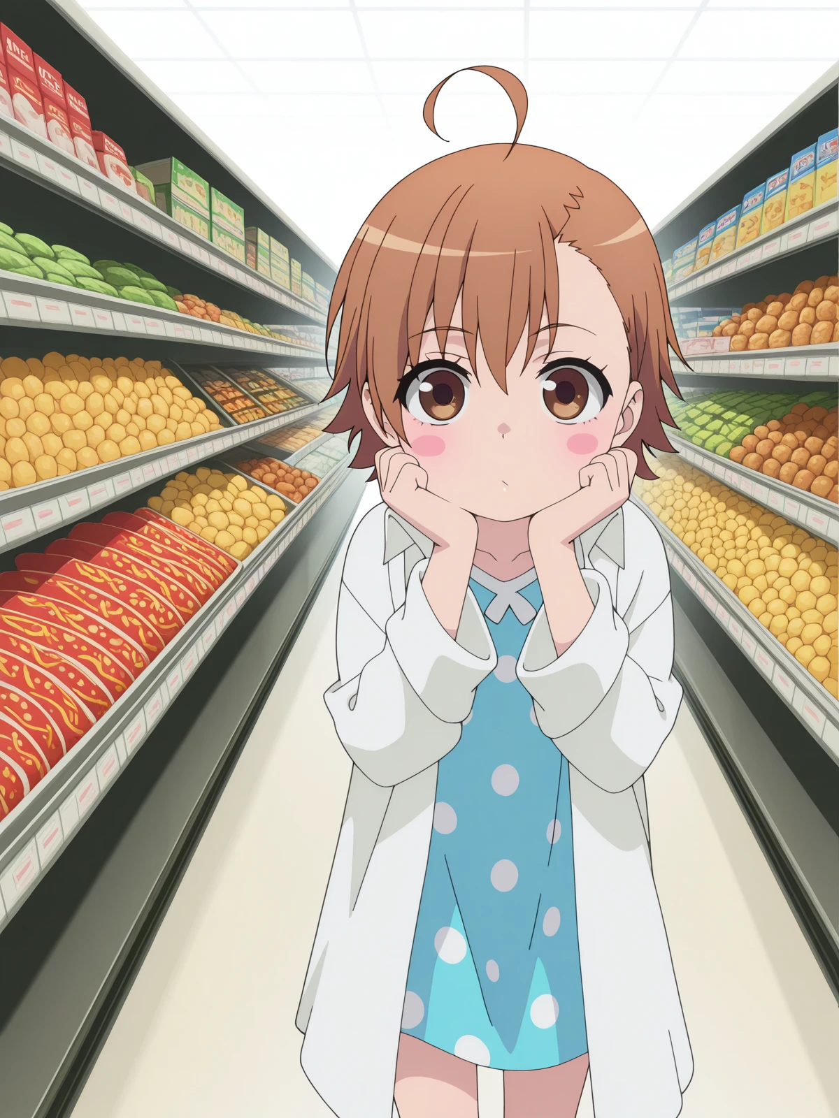 masterpiece, best quality, amazing quality,, <lora:last-order-acc1-illustriousxl-lora-nochekaiser:1>, last order, last order (toaru majutsu no index), short hair, brown hair, brown eyes, ahoge, blush, blush stickers, anime screencap, dress, blue dress, sandals, polka dot, labcoat, polka dot dress,, head rest, supermarket, aisles, shopping, food, shelves, cowboy shot, solo, looking at viewer, <lora:transparent-background-illustriousxl-lora-nochekaiser:1>, transparent background, simple background, white background