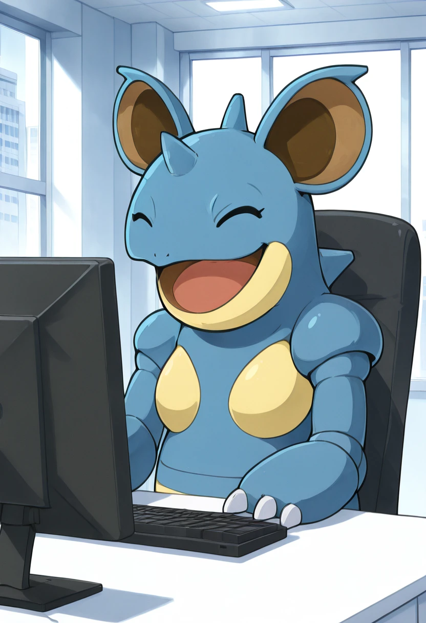 masterpiece, best quality, solo,  zzNidoqueen,  ,<lora:NidoqueenPokedex_IXL:1.0>,  ,smile, open mouth,  upper body, :3, window, chair, facing viewer, desk, computer, monitor, on chair, keyboard (computer), office , <lora:CitronLegacy_IXL:1.0>,