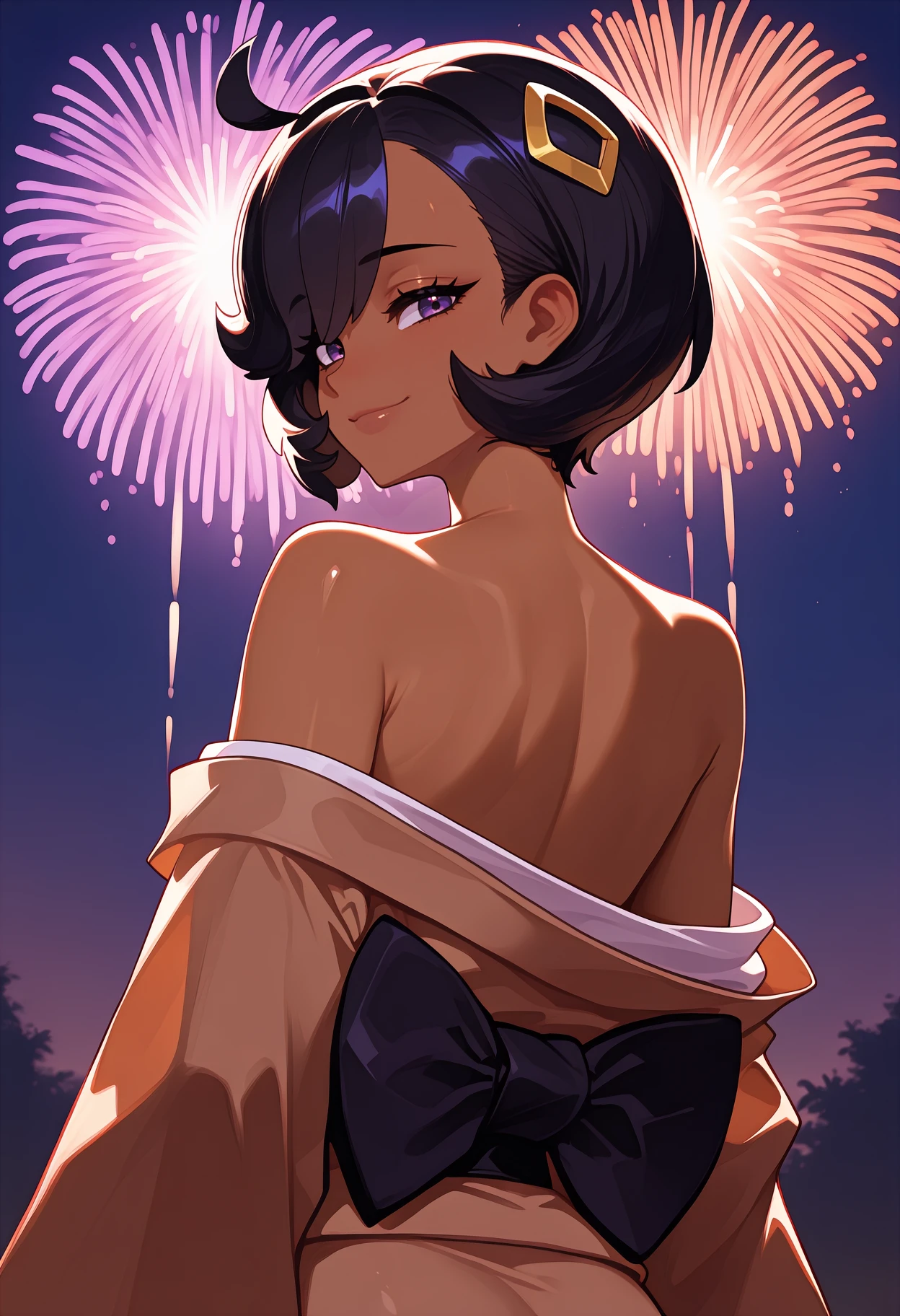 newest, , solo, 1girl, dark-skinned female, smile, looking back, looking at viewer, arms at sides, short hair, black hair, ahoge, hairclip, purple eyes, eyelashes, brown kimono, off shoulder, kimono pull, long sleeves, black sash,  shoulders, outdoors, night, fireworks
<segment:yolo-Anzhc Face seg 640 v3 y11n.pt,0.5,0.5//cid=11>